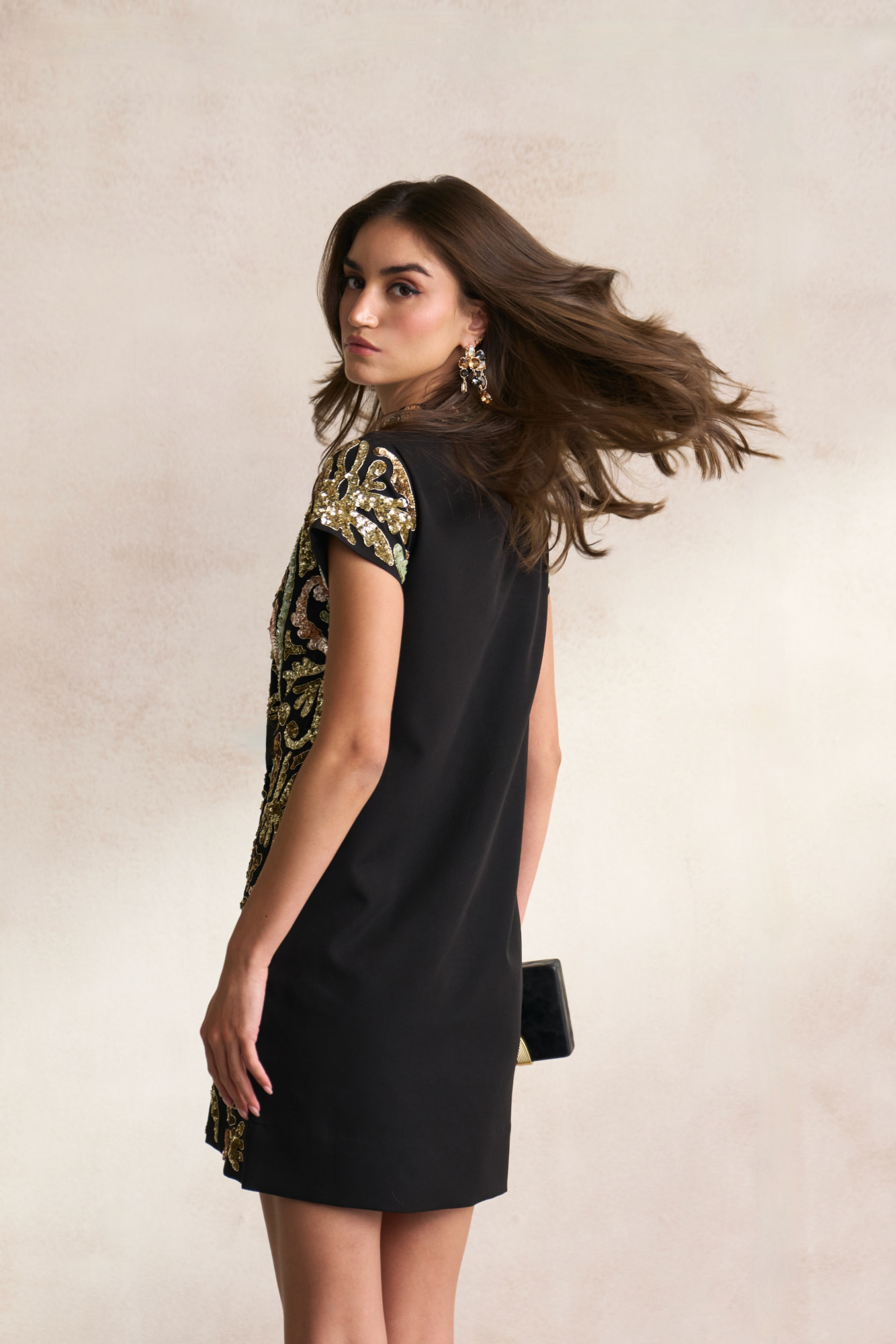 LEILA 03 BLACK KNEE LENGTH DRESS WITH SHORT SLEEVES AND MORRACAN INSPIRED EMBROIDERY