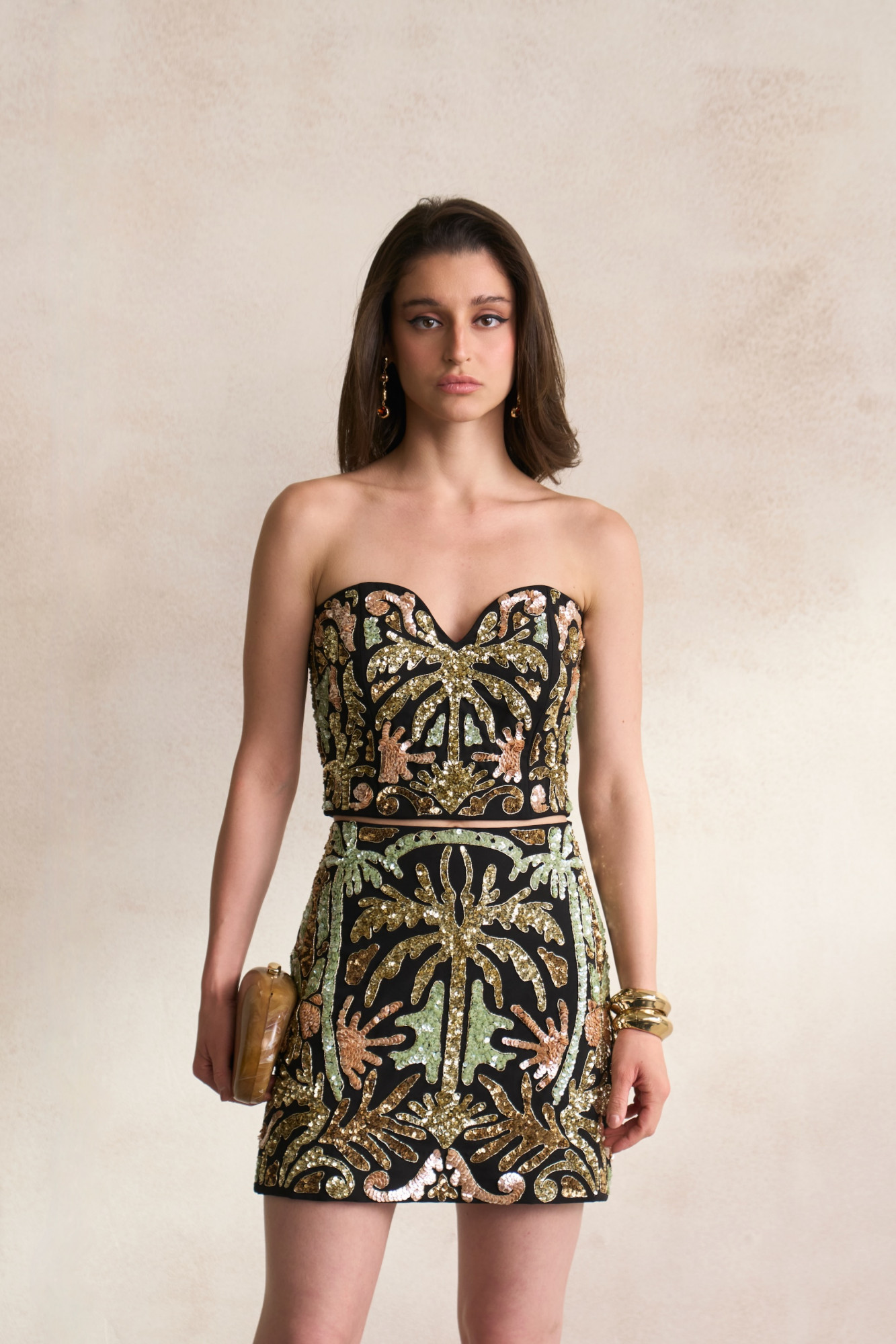 LEILA 03 BLACK BUSTIER AND SHORT SKIRT SET WITH MORRACAN INSPIRED EMBROIDER