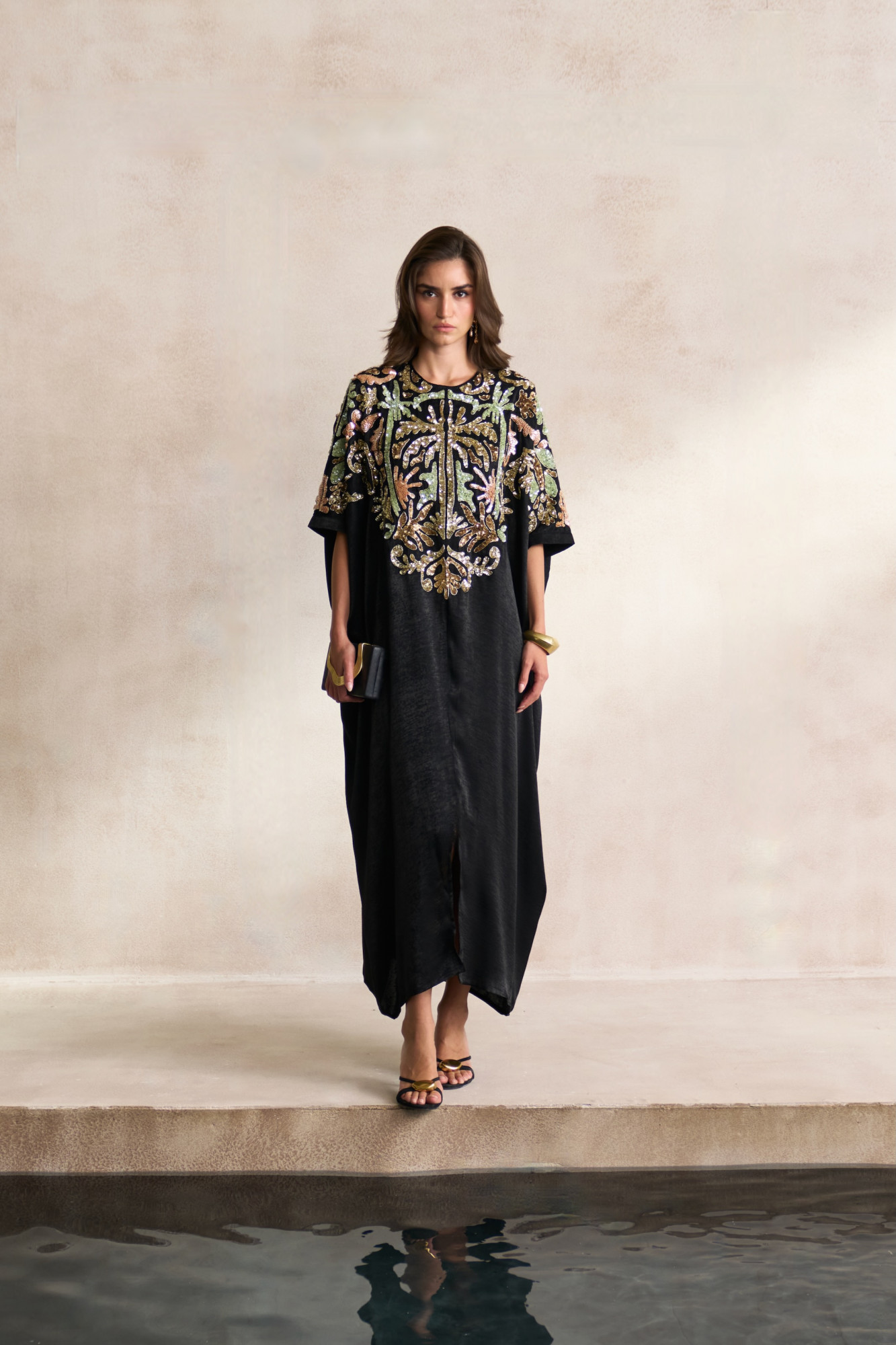 LEILA 03 BLACK SATIN ANKLE LENGTH KAFTAN WITH MORRACAN INSPIRED EMBROIDERY