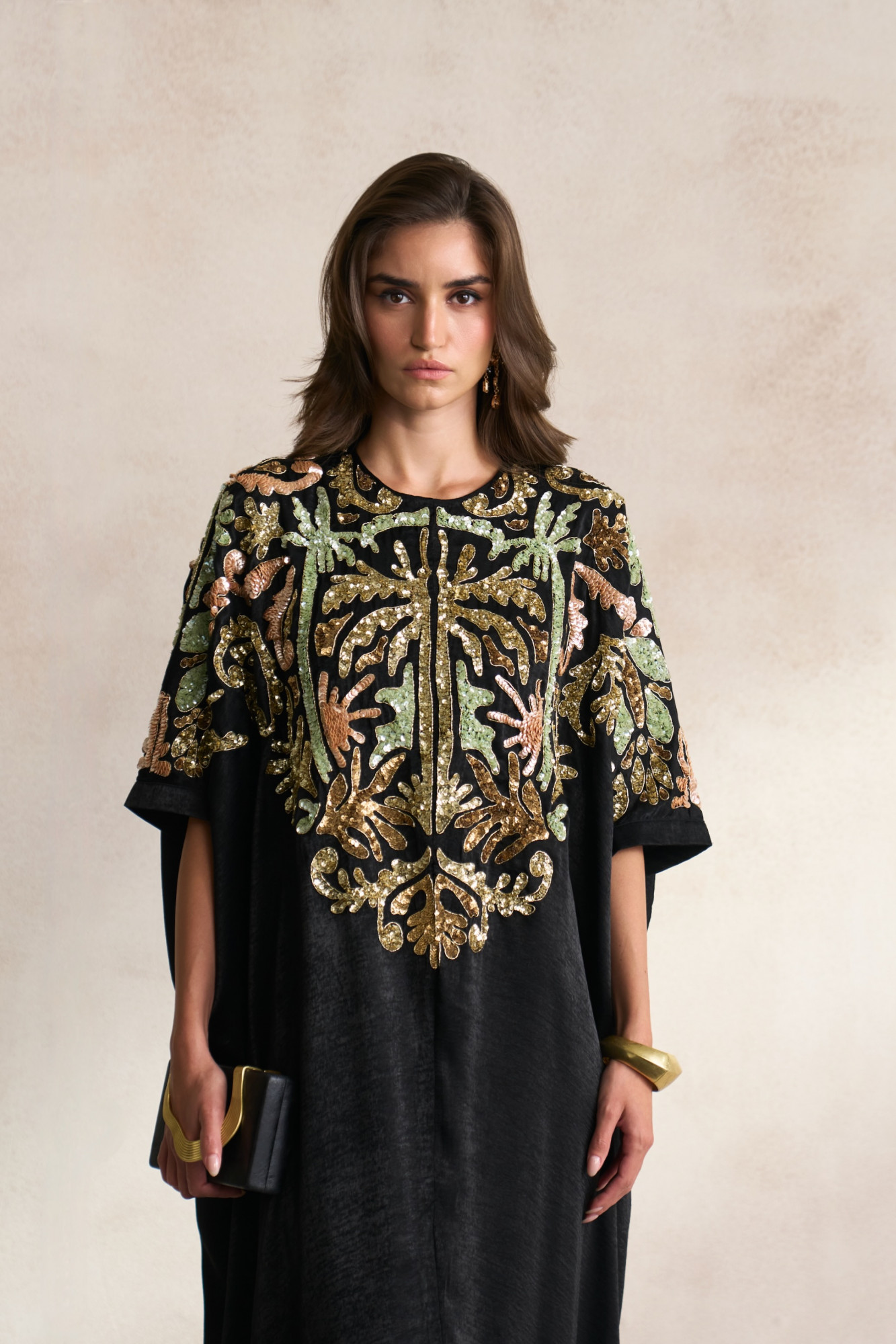 LEILA 03 BLACK SATIN ANKLE LENGTH KAFTAN WITH MORRACAN INSPIRED EMBROIDERY