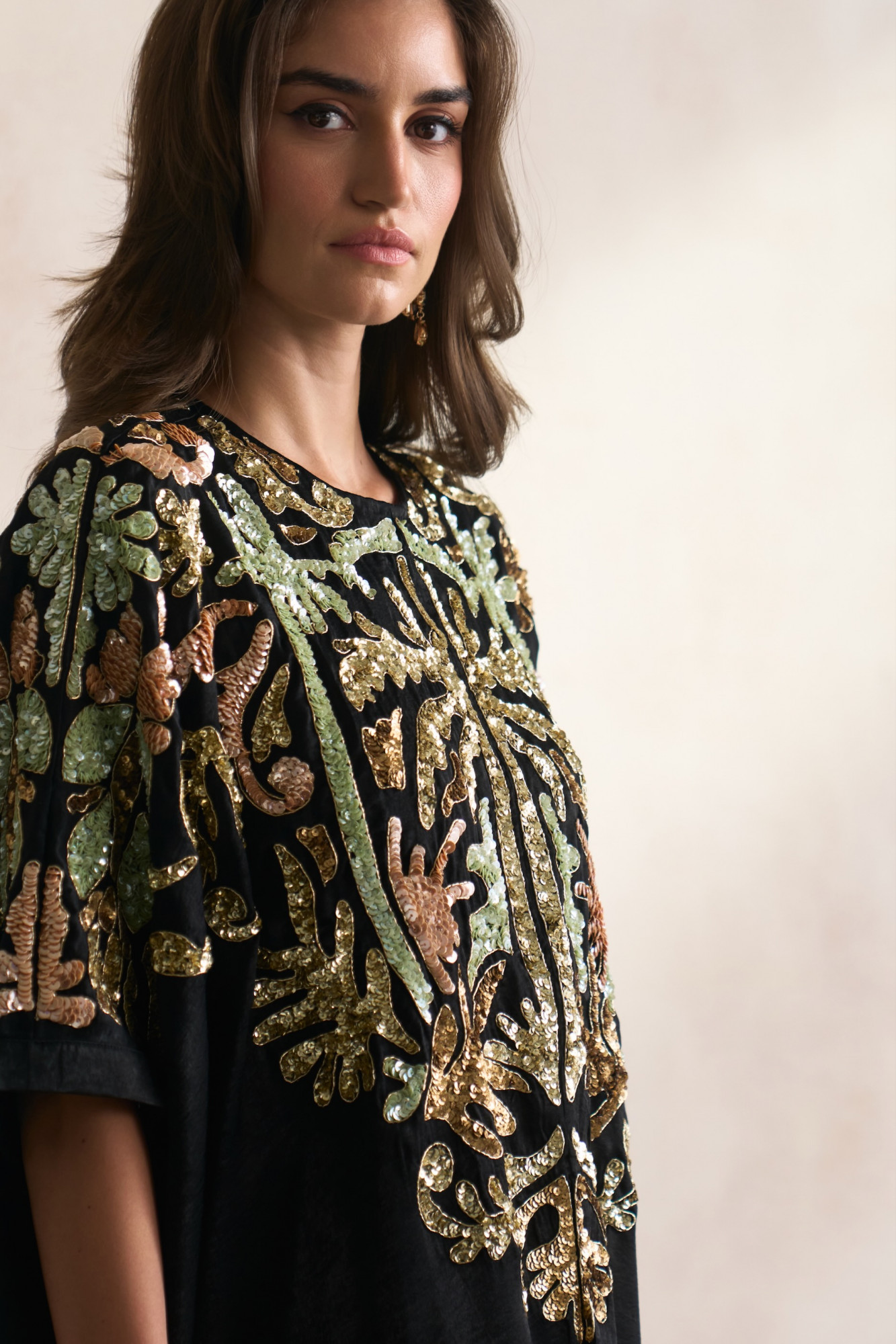 LEILA 03 BLACK SATIN ANKLE LENGTH KAFTAN WITH MORRACAN INSPIRED EMBROIDERY