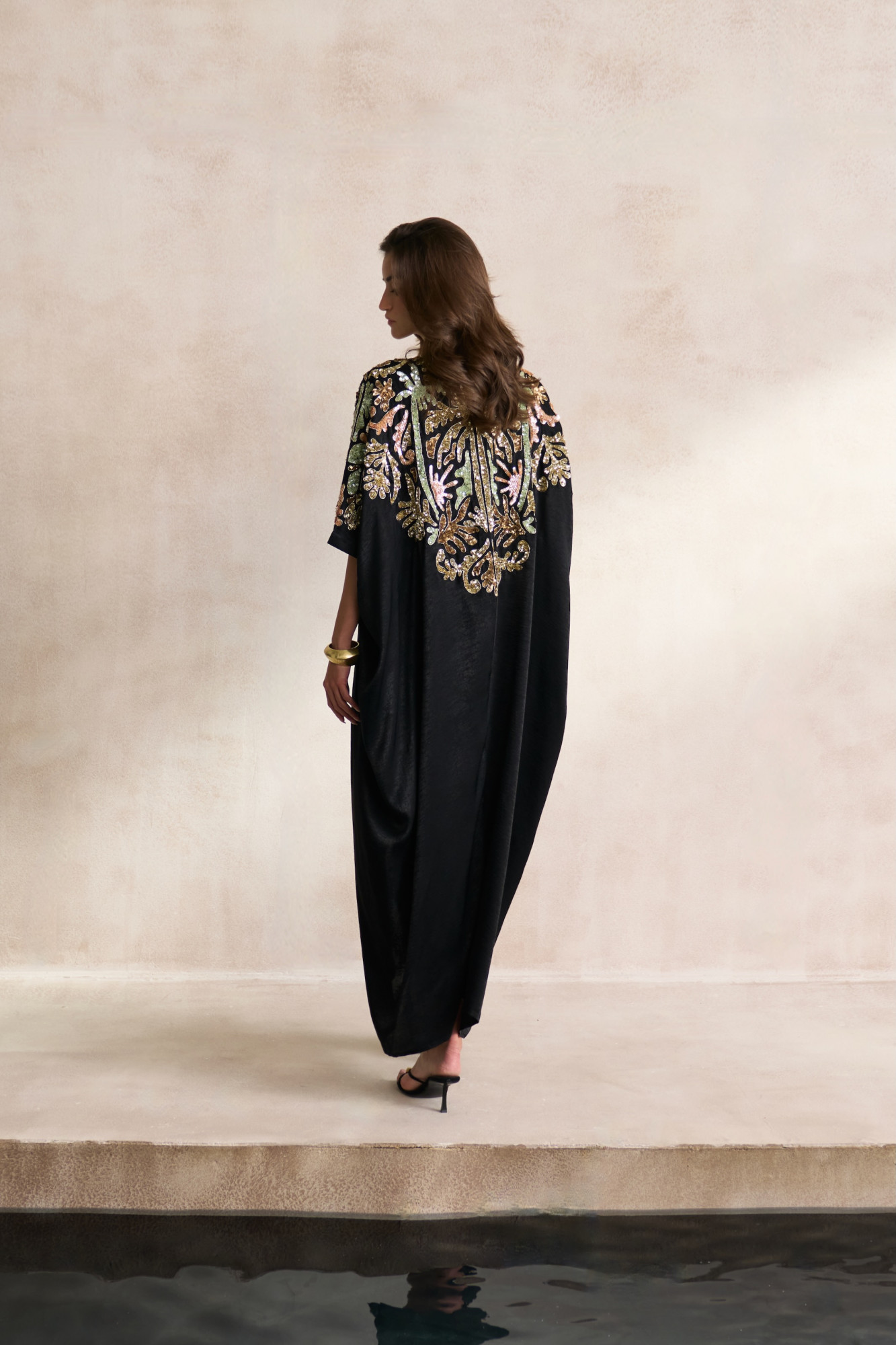 LEILA 03 BLACK SATIN ANKLE LENGTH KAFTAN WITH MORRACAN INSPIRED EMBROIDERY