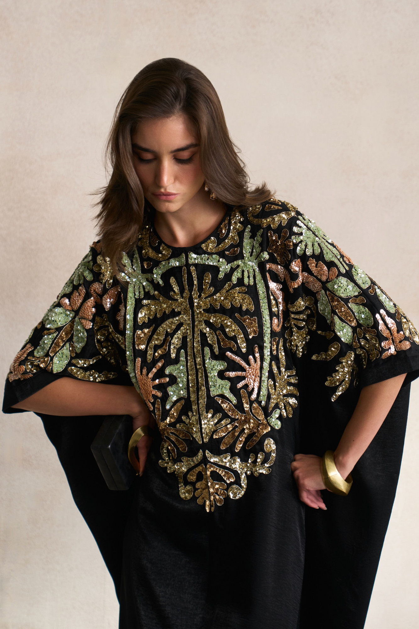 LEILA 03 BLACK SATIN ANKLE LENGTH KAFTAN WITH MORRACAN INSPIRED EMBROIDERY