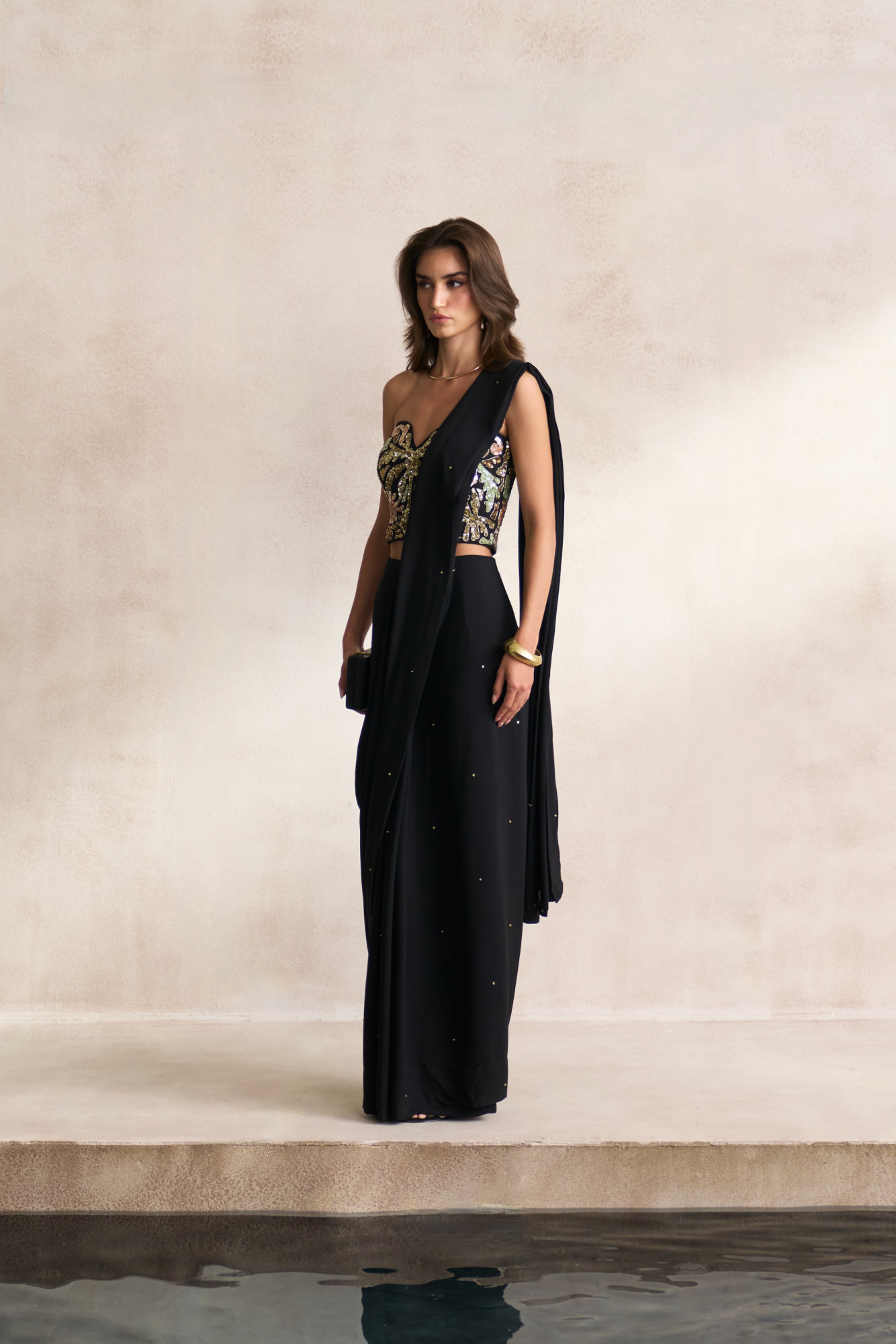LEILA 03 BLACK MORRACAN INSPIRED EMBROIDERY BUSTIER WITH BLACK SCATTERED SEQUIN ZIP SARI