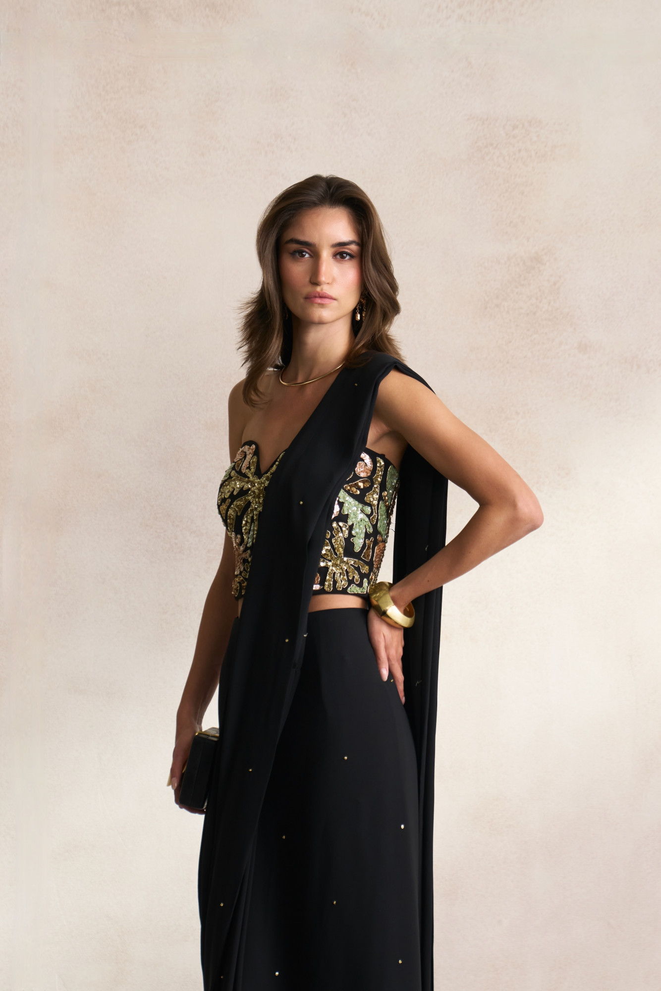 LEILA 03 BLACK MORRACAN INSPIRED EMBROIDERY BUSTIER WITH BLACK  SCATTERED SEQUIN ZIP SARI