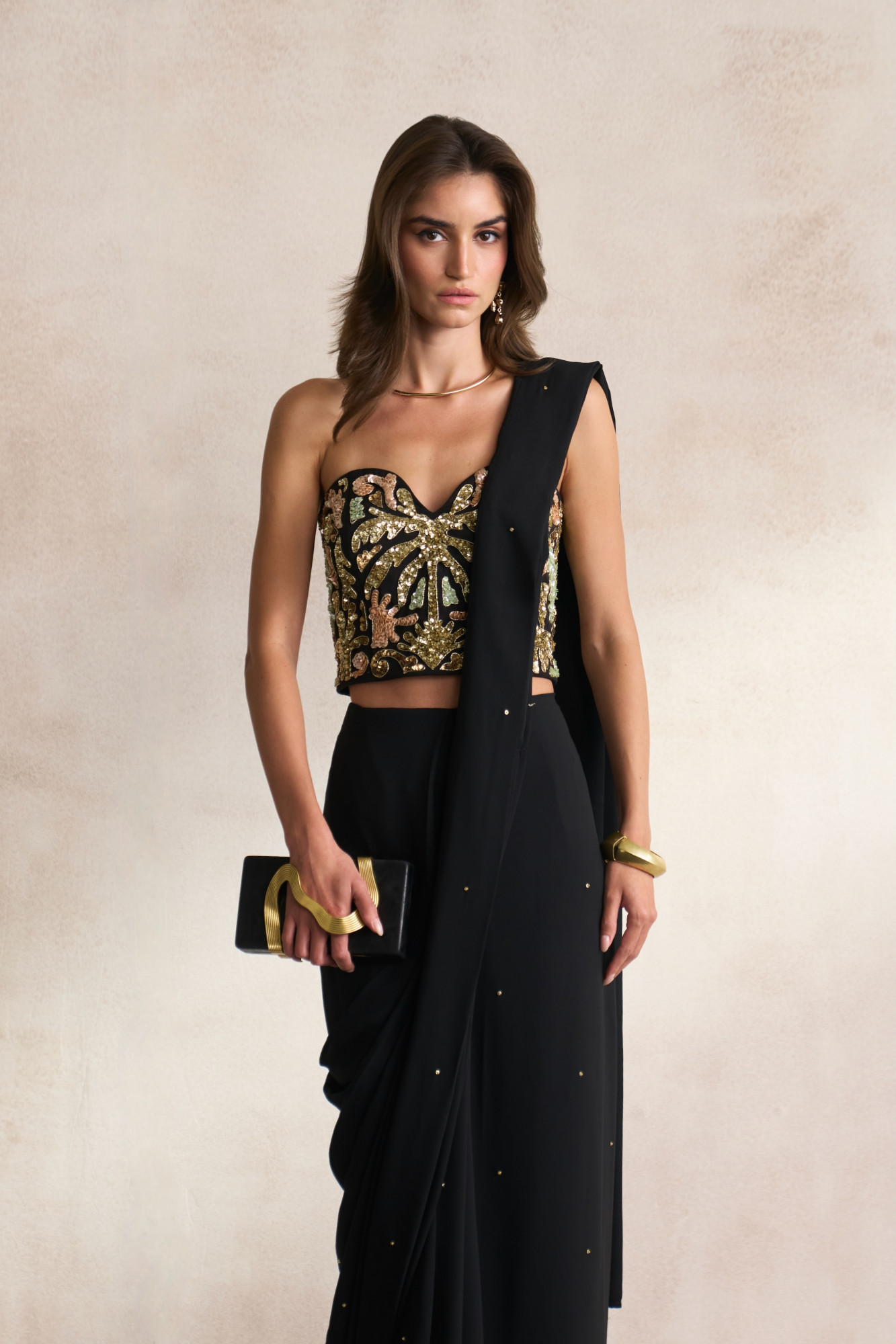 LEILA 03 BLACK MORRACAN INSPIRED EMBROIDERY BUSTIER WITH BLACK  SCATTERED SEQUIN ZIP SARI