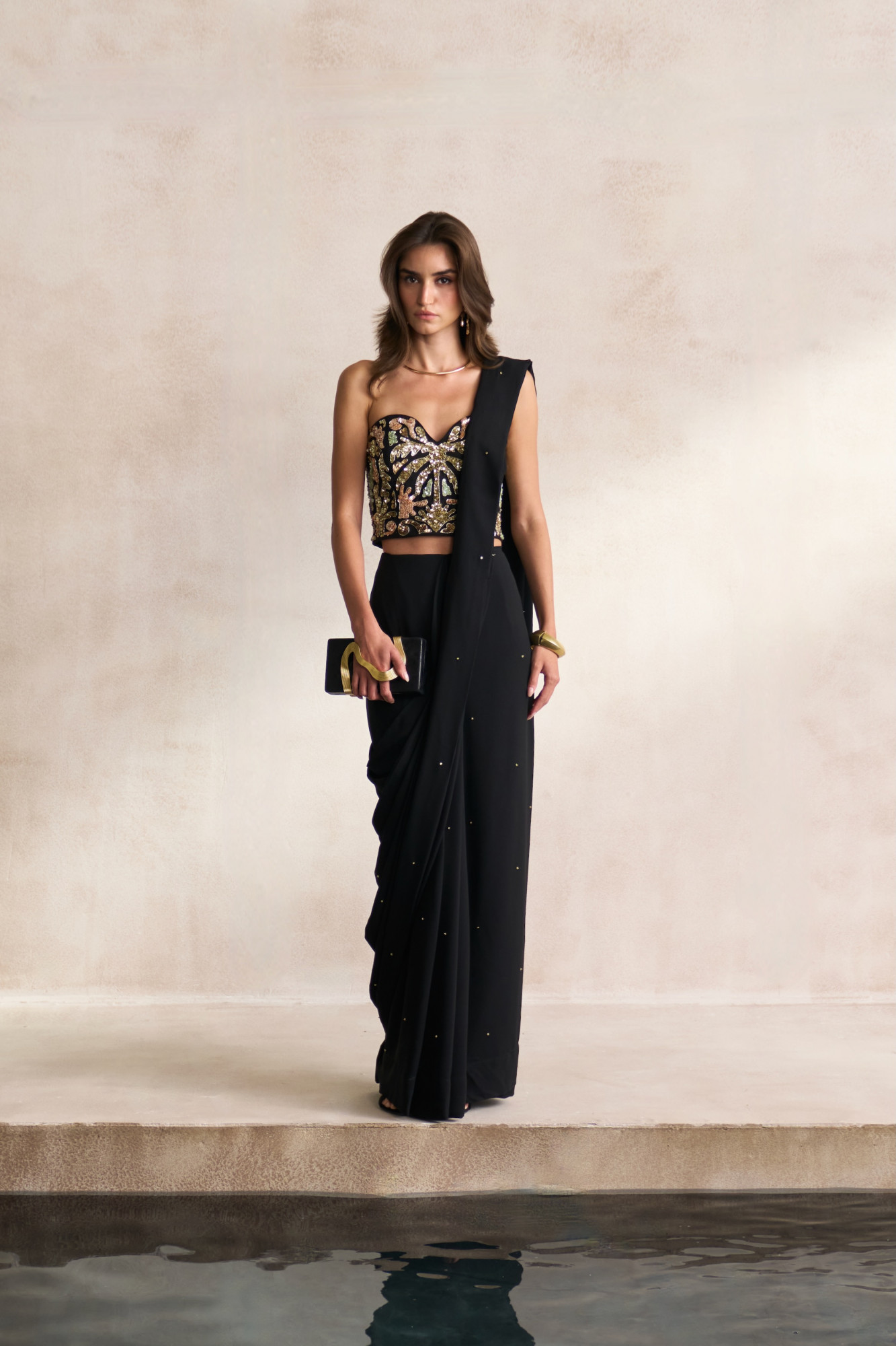 LEILA 03 BLACK MORRACAN INSPIRED EMBROIDERY BUSTIER WITH BLACK  SCATTERED SEQUIN ZIP SARI