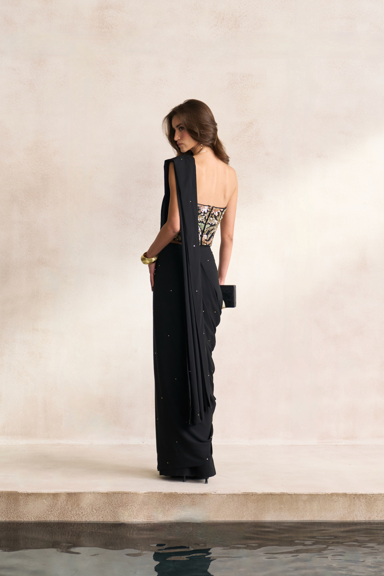 LEILA 03 BLACK MORRACAN INSPIRED EMBROIDERY BUSTIER WITH BLACK  SCATTERED SEQUIN ZIP SARI