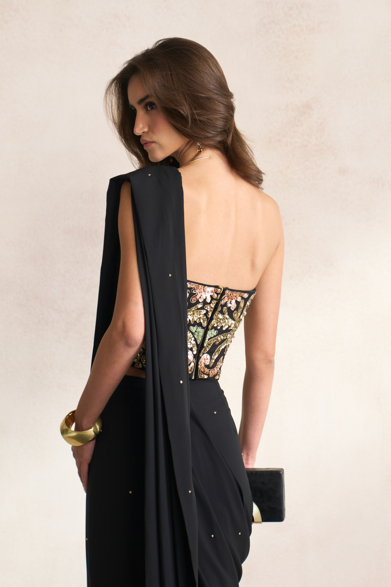 LEILA 03 BLACK MORRACAN INSPIRED EMBROIDERY BUSTIER WITH BLACK SCATTERED SEQUIN ZIP SARI