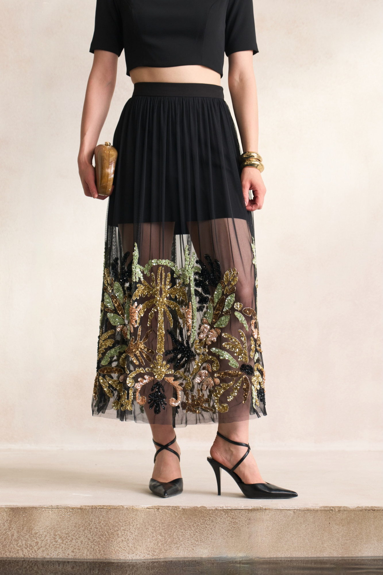 LEILA 03 BLACK MESH NET MIDI LENGTH SKIRT WITH HAND CRAFTED MORRACAN EMBROIDERY MOTIFS