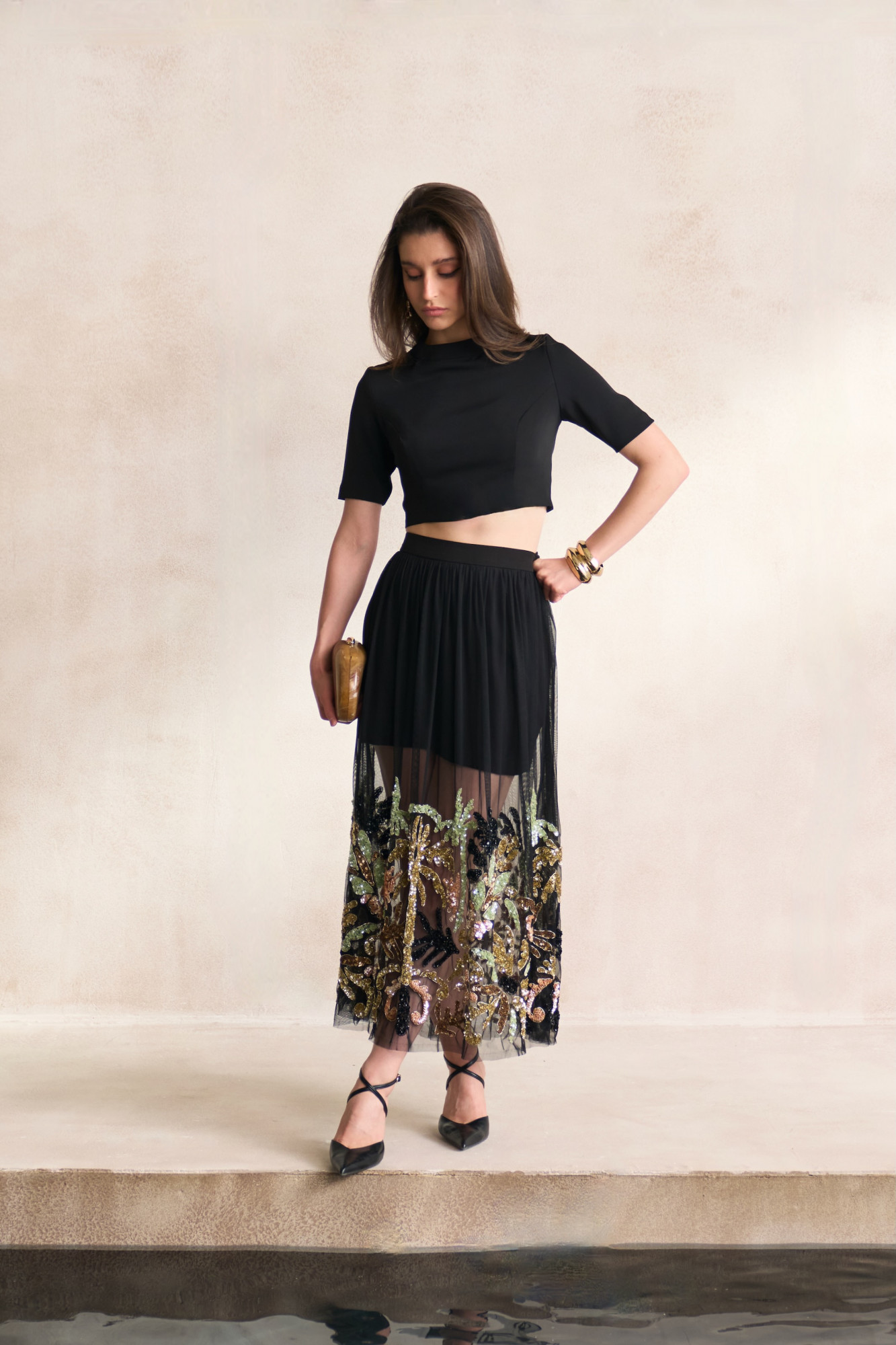 LEILA 03 BLACK TOP  MESH NET SKIRT WITH MORRACAN INSPIRED EMBROIDERY