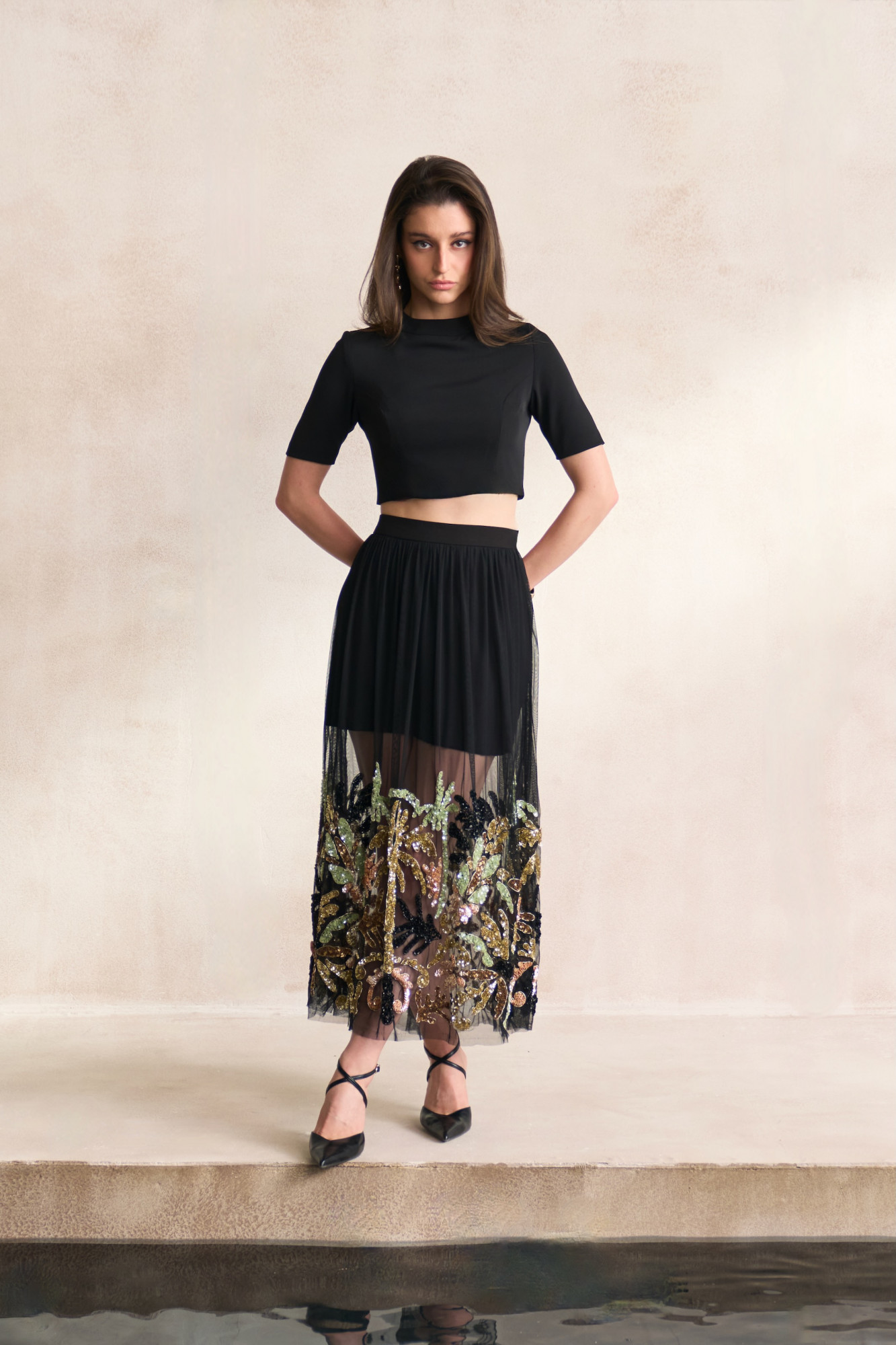 LEILA 03 BLACK TOP MESH NET SKIRT WITH MORRACAN INSPIRED EMBROIDERY