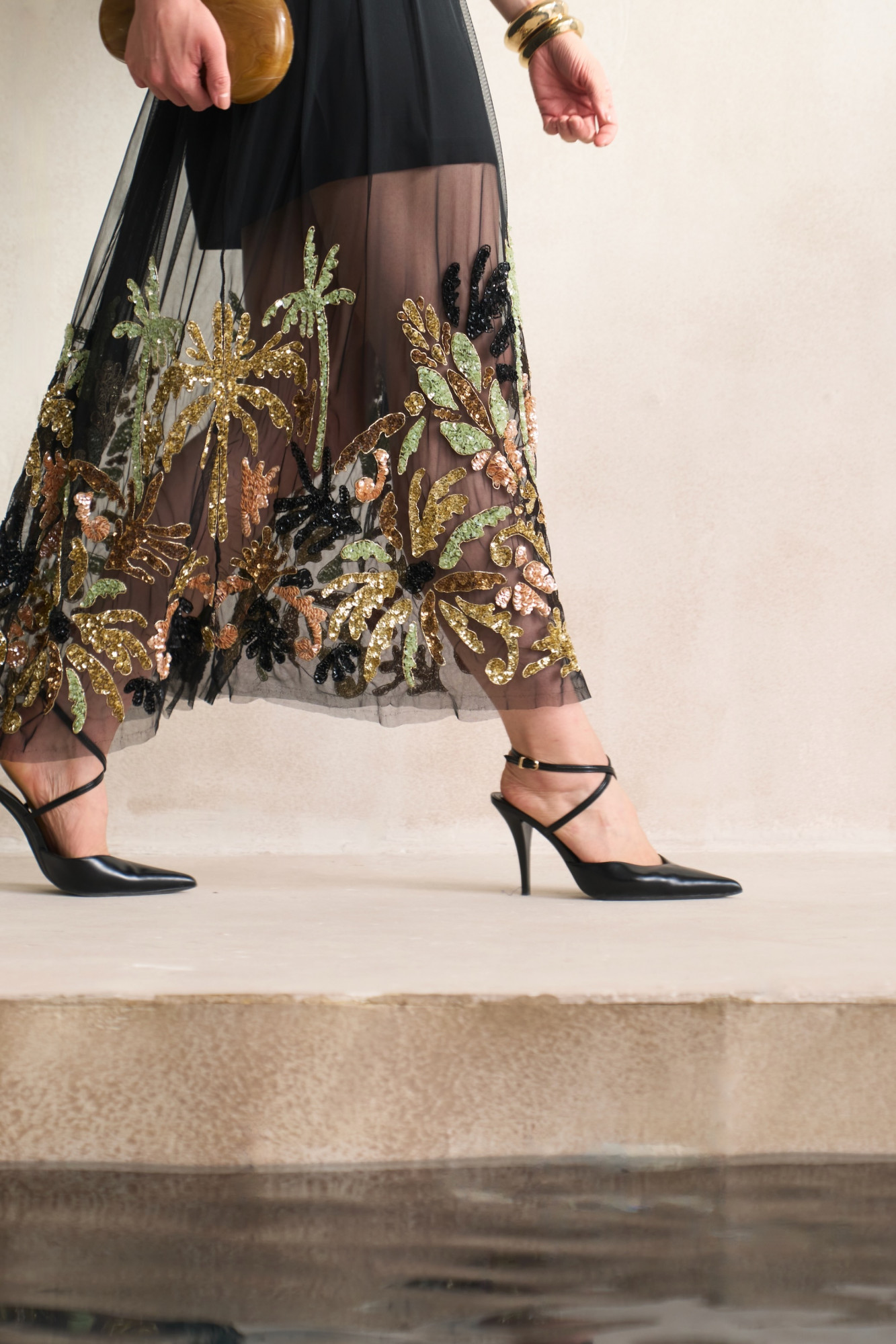 LEILA 03 BLACK TOP  MESH NET SKIRT WITH MORRACAN INSPIRED EMBROIDERY