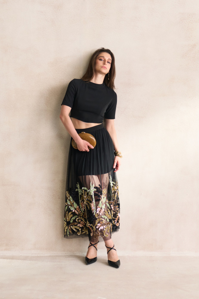 Image of LEILA 03 BLACK TOP &amp; MESH NET SKIRT WITH MORRACAN INSPIRED EMBROIDERY