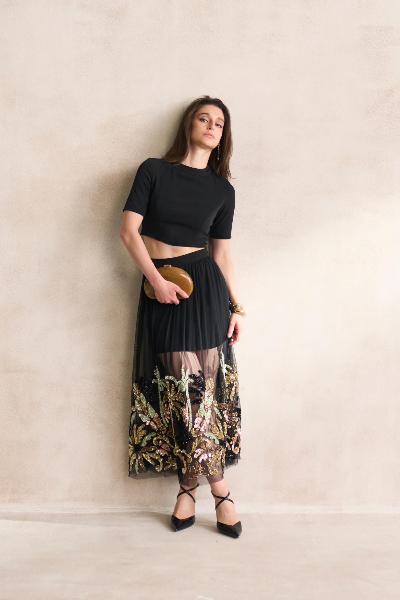 LEILA 03 BLACK MESH NET MIDI LENGTH SKIRT WITH HAND CRAFTED MORRACAN EMBROIDERY MOTIFS