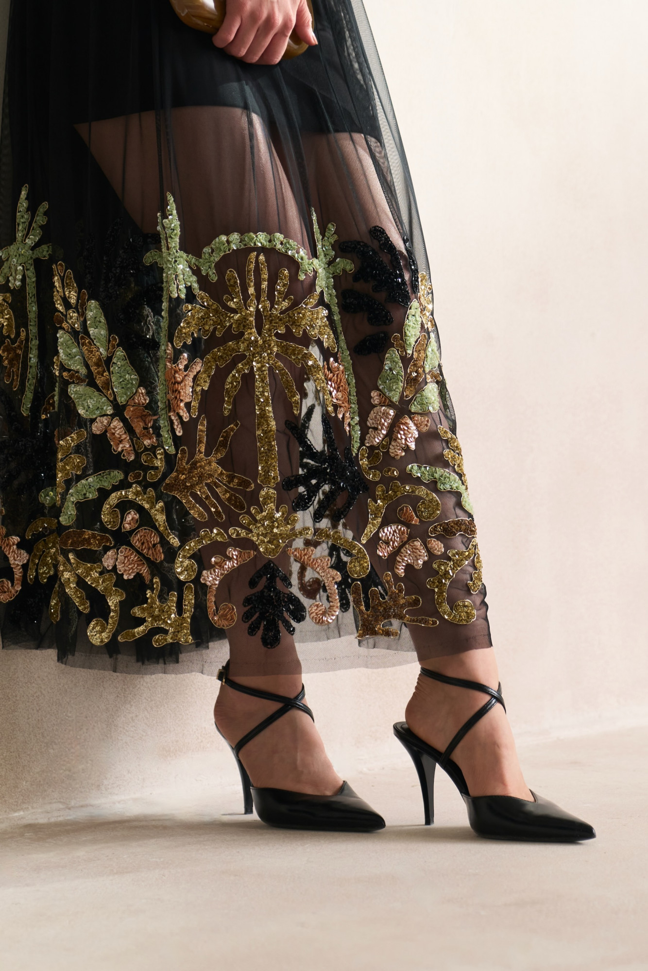 LEILA 03 BLACK MESH NET MIDI LENGTH SKIRT WITH HAND CRAFTED MORRACAN EMBROIDERY MOTIFS