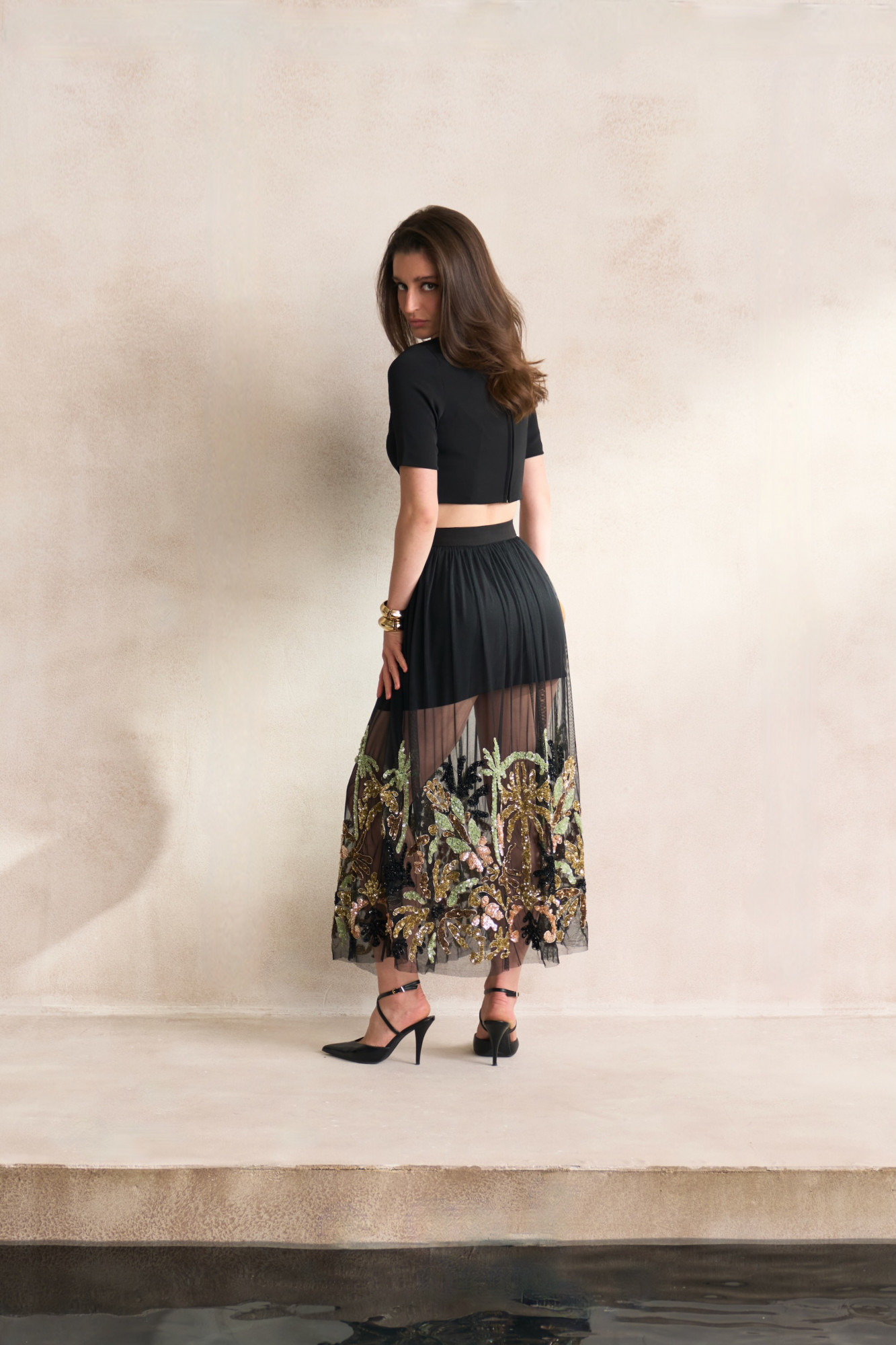 LEILA 03 BLACK MESH NET MIDI LENGTH SKIRT WITH HAND CRAFTED MORRACAN EMBROIDERY MOTIFS
