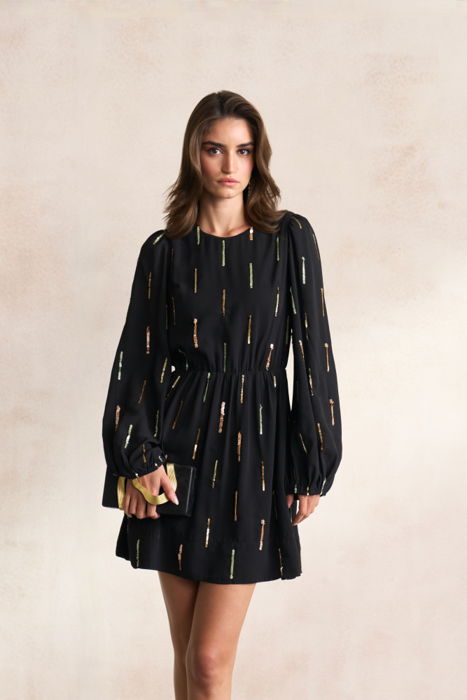 Image of LEILA 03 BLACK GEORGETTE KNEE LENGTH FULL SLEEVES DRESS WITH HAND CRAFTED SEQUIN EMBROIDERY
