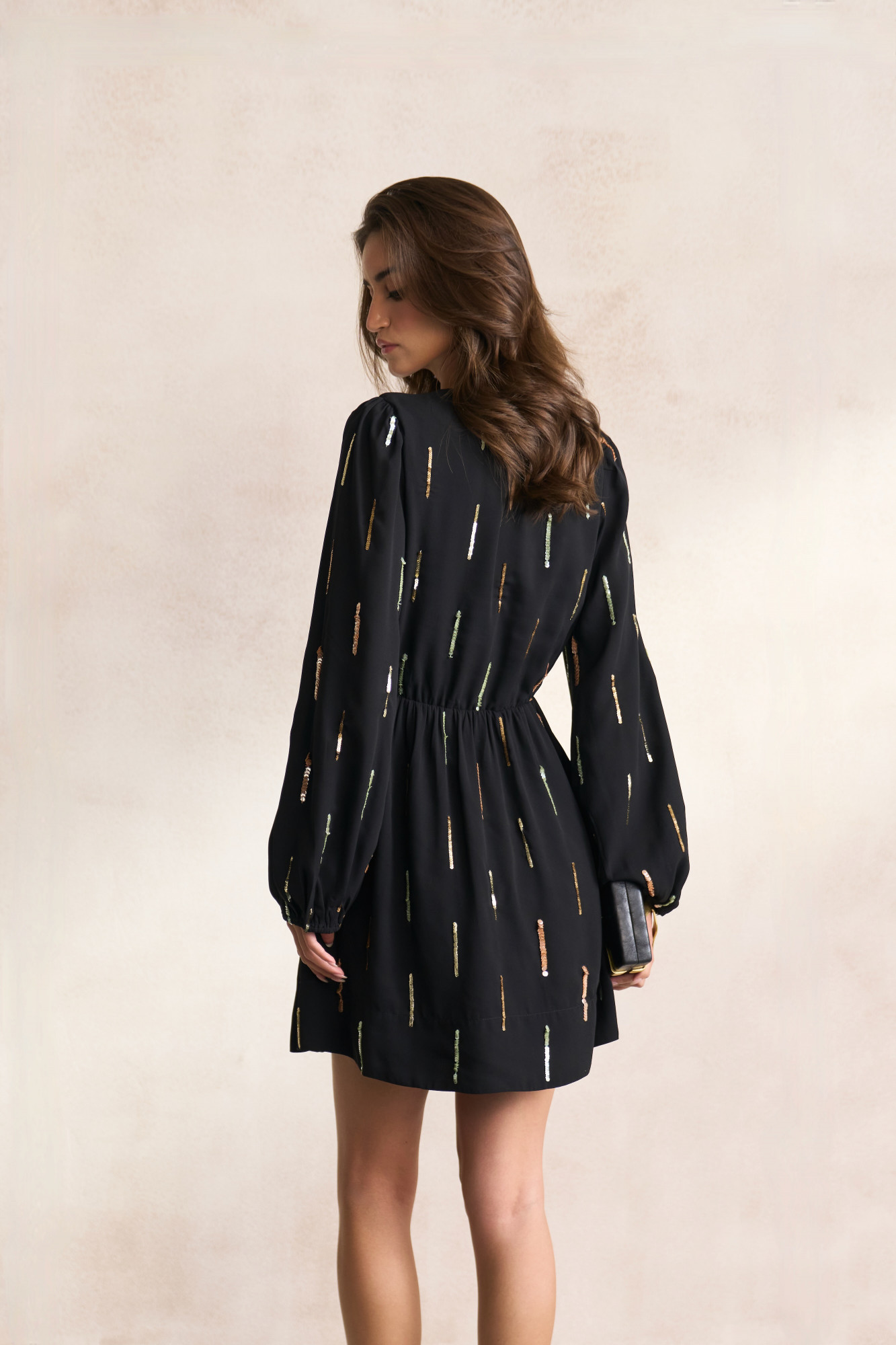 LEILA 03 BLACK GEORGETTE KNEE LENGTH FULL SLEEVES DRESS WITH HAND CRAFTED SEQUIN EMBROIDERY