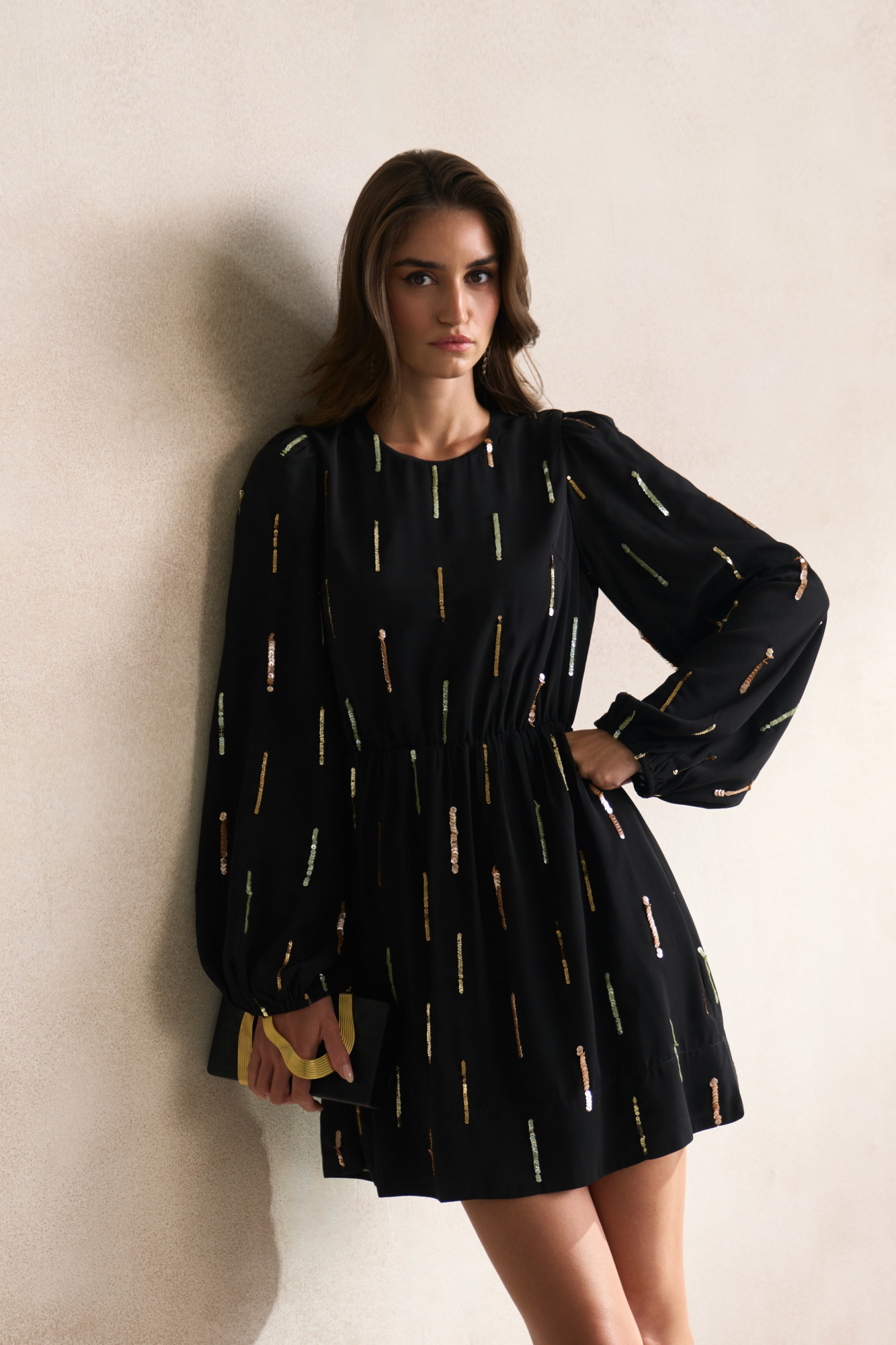 LEILA 03 BLACK GEORGETTE KNEE LENGTH FULL SLEEVES DRESS WITH HAND CRAFTED SEQUIN EMBROIDERY