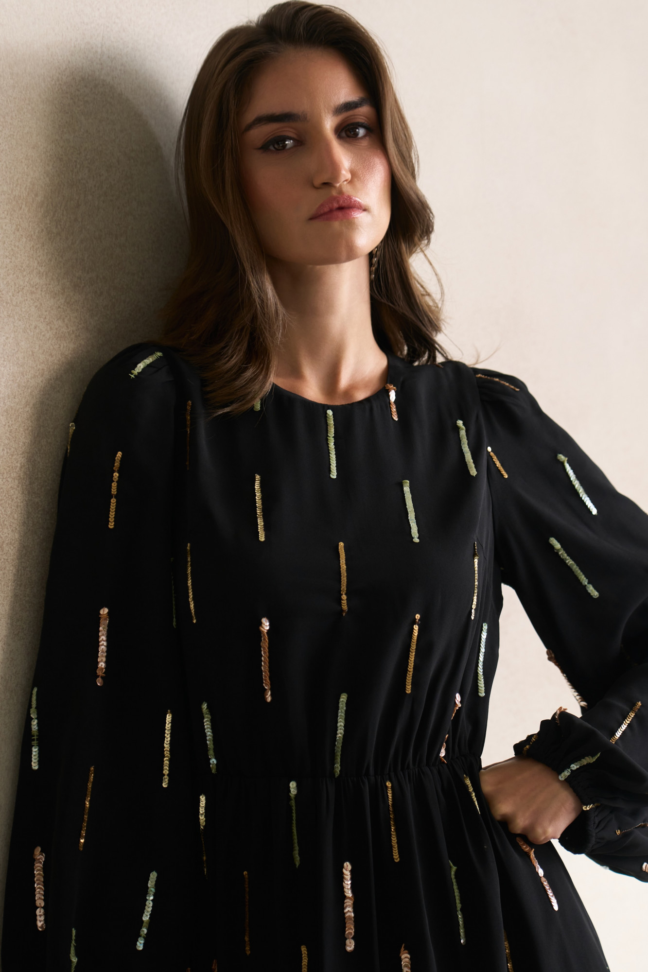 LEILA 03 BLACK GEORGETTE KNEE LENGTH FULL SLEEVES DRESS WITH HAND CRAFTED SEQUIN EMBROIDERY