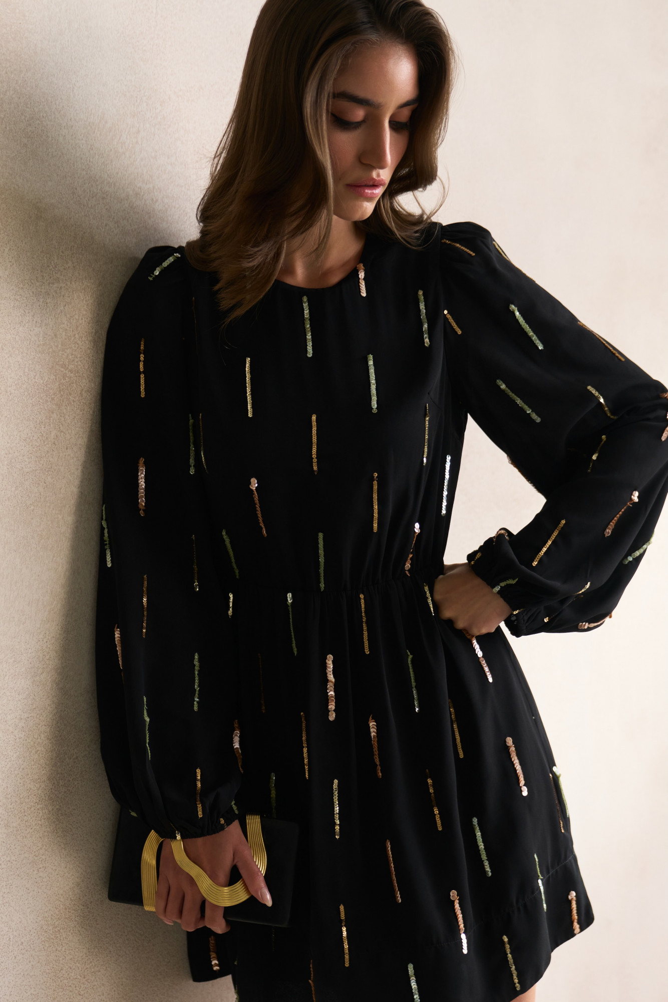 LEILA 03 BLACK GEORGETTE KNEE LENGTH FULL SLEEVES DRESS WITH HAND CRAFTED SEQUIN EMBROIDERY