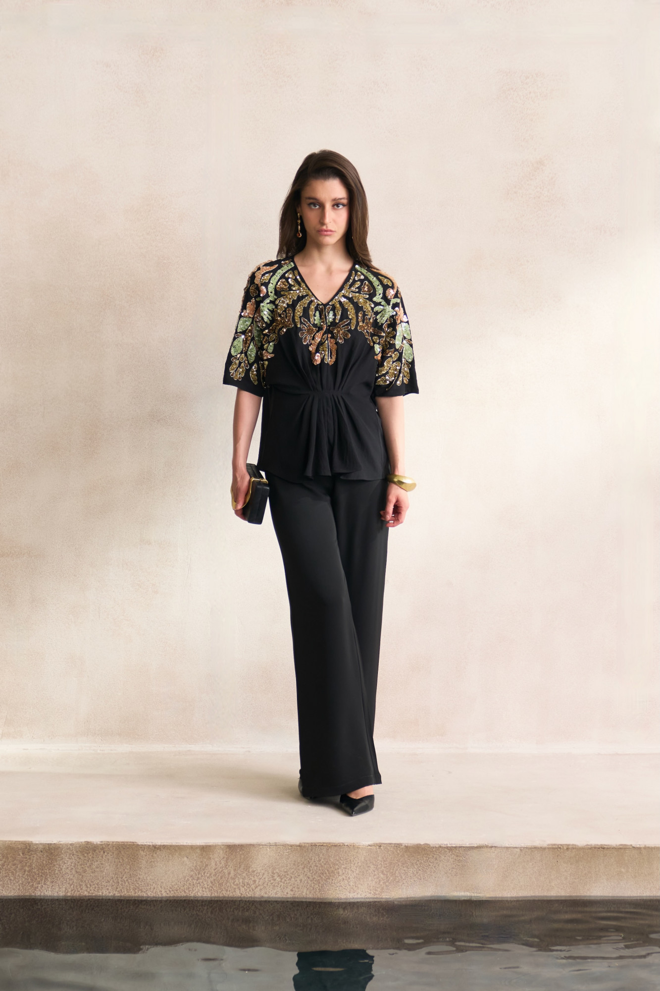 LEILA 03 BLACK GEORGETTE TOP AND PANT SET WITH MORRACAN SEQUIN EMBROIDERY