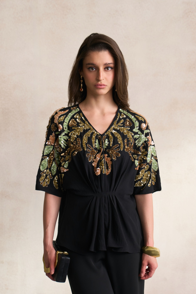 Image of LEILA 03 BLACK GEORGETTE TOP WITH MORRACAN INSPIRED SEQUIN EMBROIDERY
