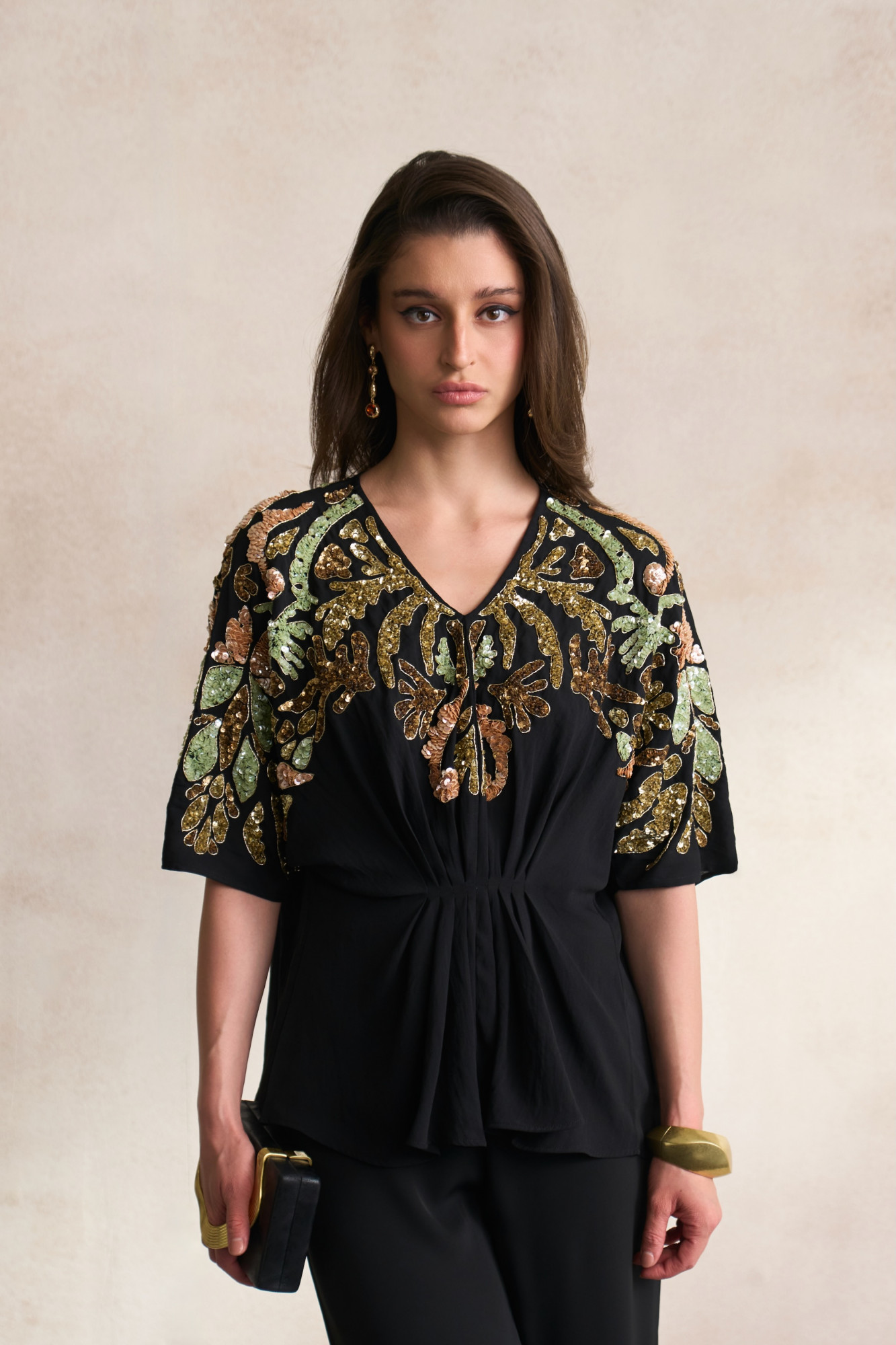 LEILA 03 BLACK GEORGETTE TOP AND PANT SET WITH MORRACAN SEQUIN EMBROIDERY