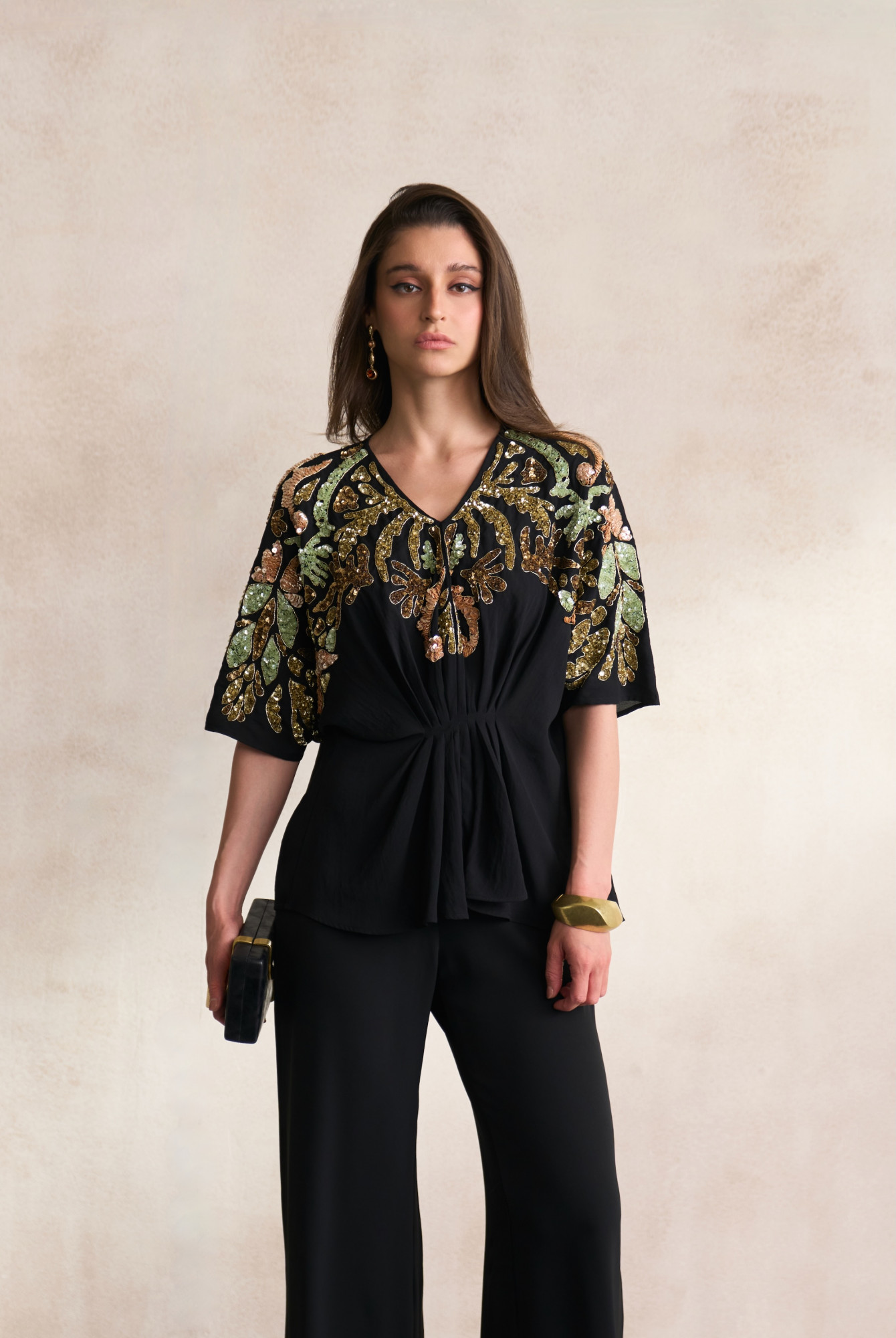 LEILA 03 BLACK GEORGETTE TOP  AND PANT SET WITH MORRACAN SEQUIN EMBROIDERY