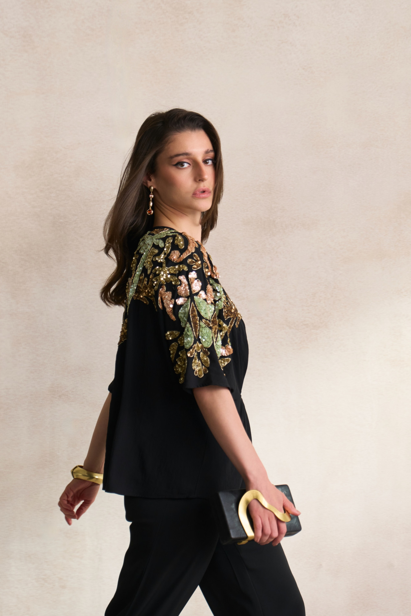 LEILA 03 BLACK GEORGETTE TOP WITH MORRACAN INSPIRED SEQUIN EMBROIDERY