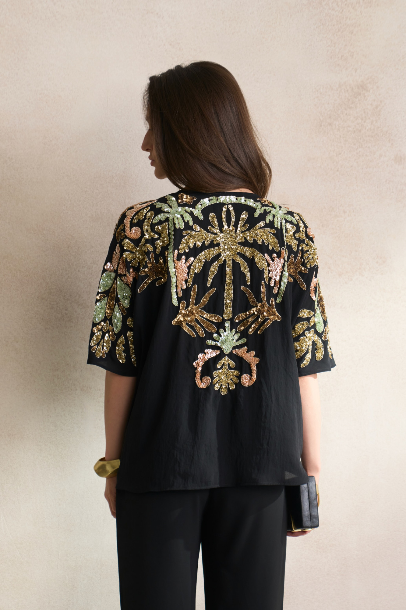 LEILA 03 BLACK GEORGETTE TOP  AND PANT SET WITH MORRACAN SEQUIN EMBROIDERY