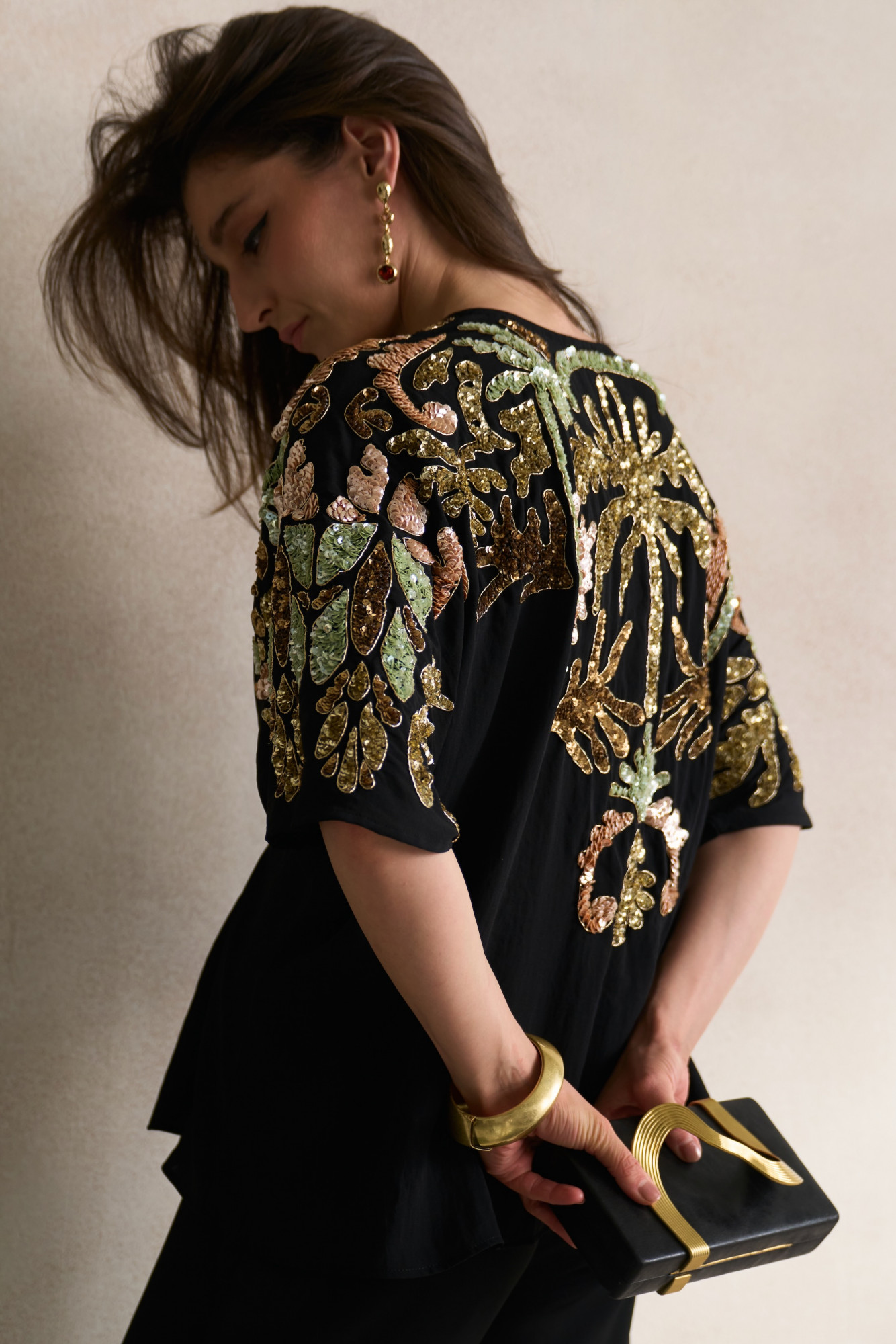 LEILA 03 BLACK GEORGETTE TOP WITH MORRACAN INSPIRED SEQUIN EMBROIDERY