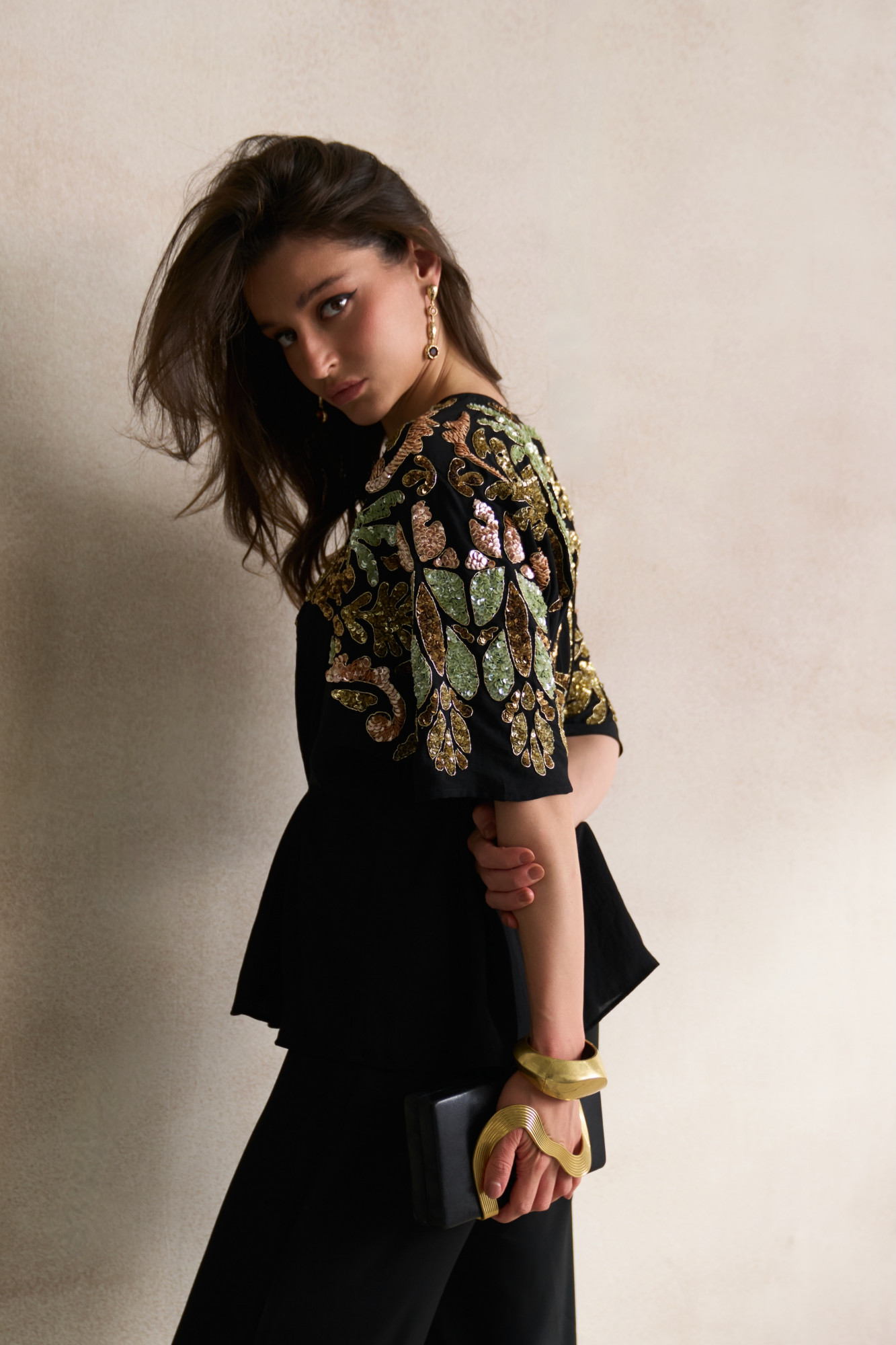LEILA 03 BLACK GEORGETTE TOP WITH MORRACAN INSPIRED SEQUIN EMBROIDERY