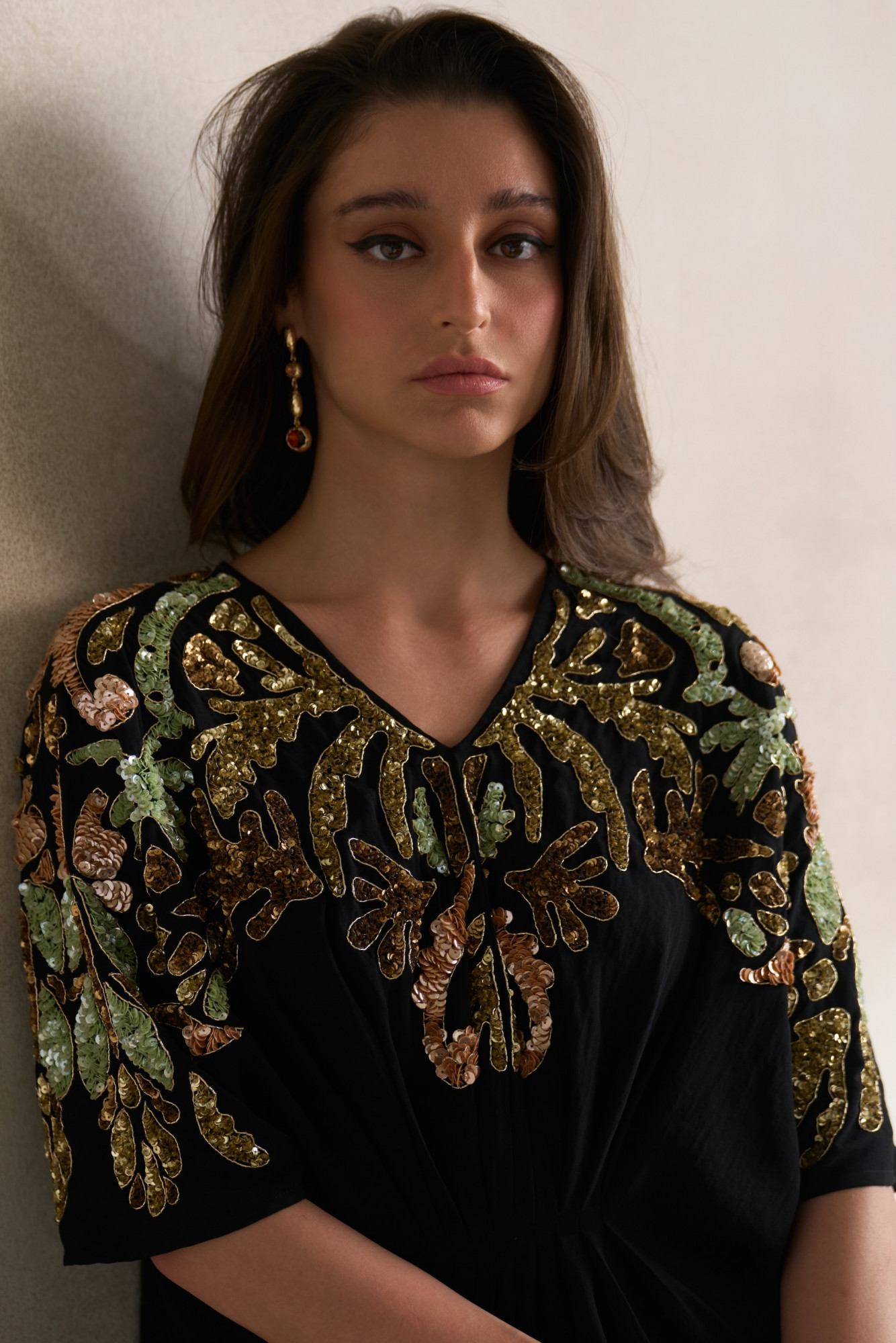 LEILA 03 BLACK GEORGETTE TOP WITH MORRACAN INSPIRED SEQUIN EMBROIDERY