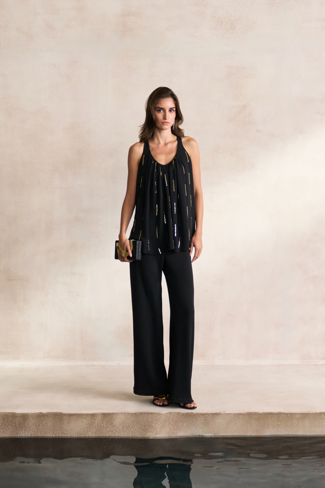 LEILA 03 BLACK FLOWY GEORGETTE SLEEVELESS TOP WITH LIGHT GOLD SEQUIN EMBROIDERY
