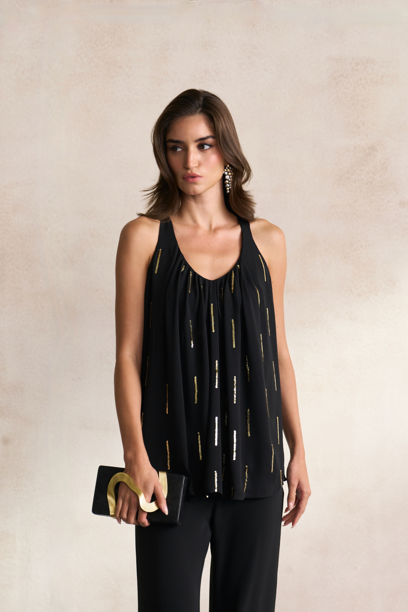 LEILA 03 BLACK FLOWY GEORGETTE SLEEVELESS TOP WITH LIGHT GOLD SEQUIN EMBROIDERY