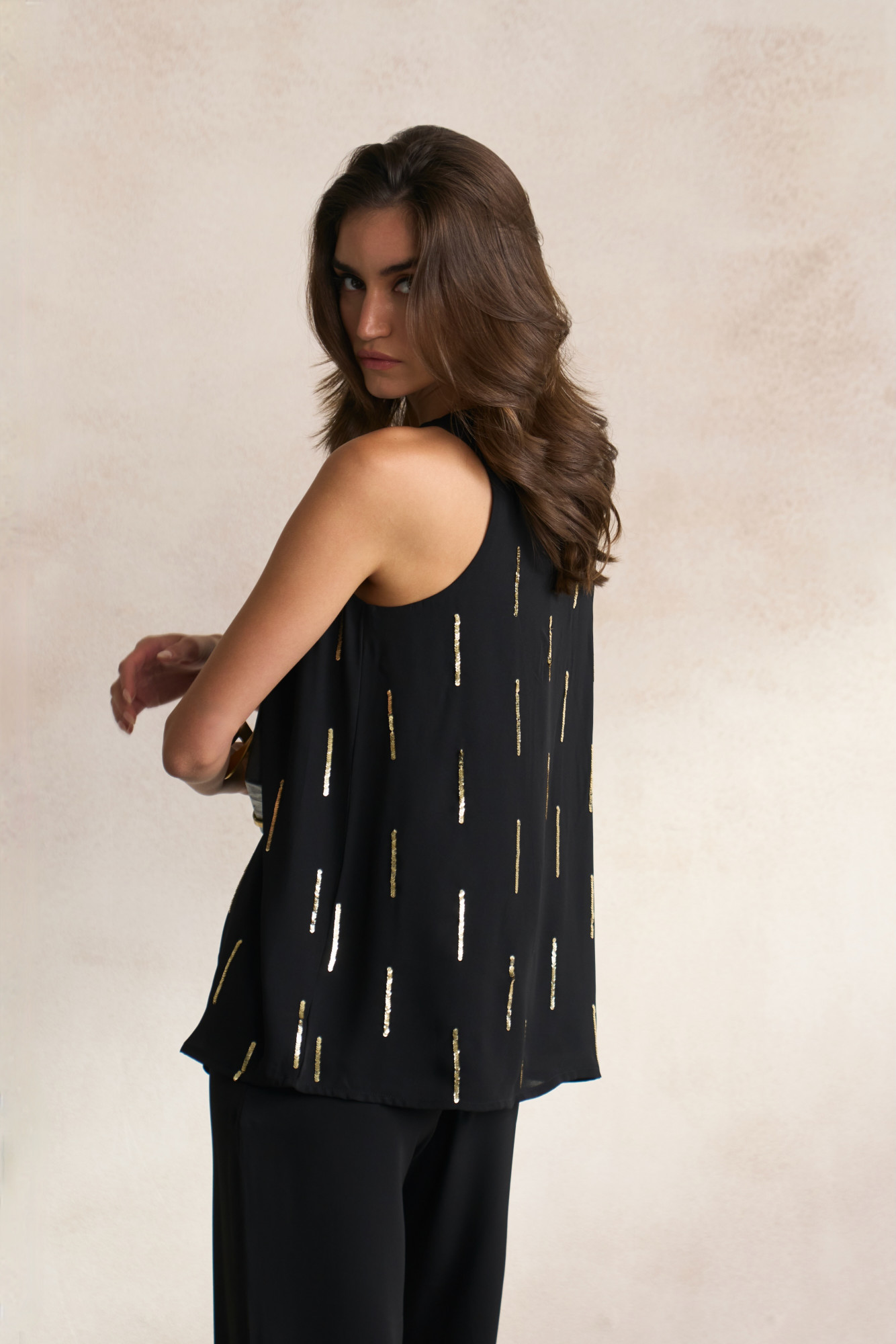 LEILA 03 BLACK FLOWY GEORGETTE SLEEVELESS TOP WITH LIGHT GOLD SEQUIN EMBROIDERY