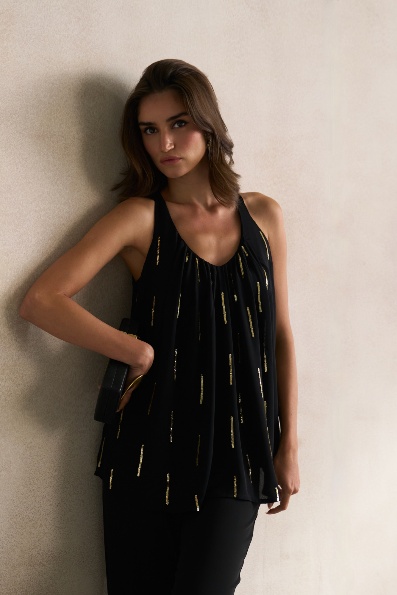 LEILA 03 BLACK FLOWY GEORGETTE SLEEVELESS TOP WITH LIGHT GOLD SEQUIN EMBROIDERY