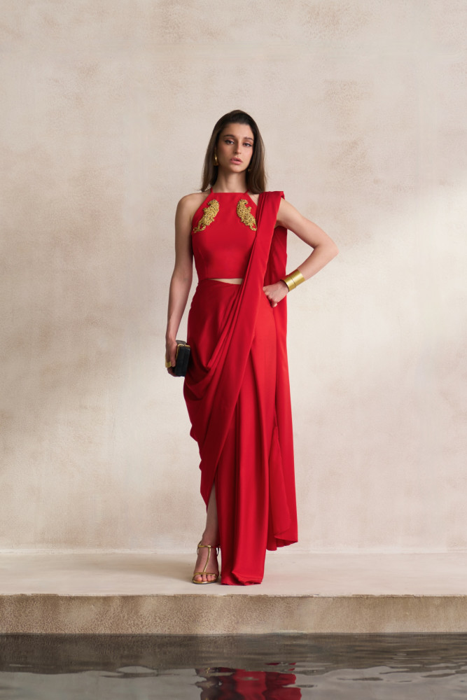 Image of LEILA 03 RED BLOUSE AND DRAPED ZIP SARI SET WITH GOLD DABKA LEOPARD EMBROIDERY
