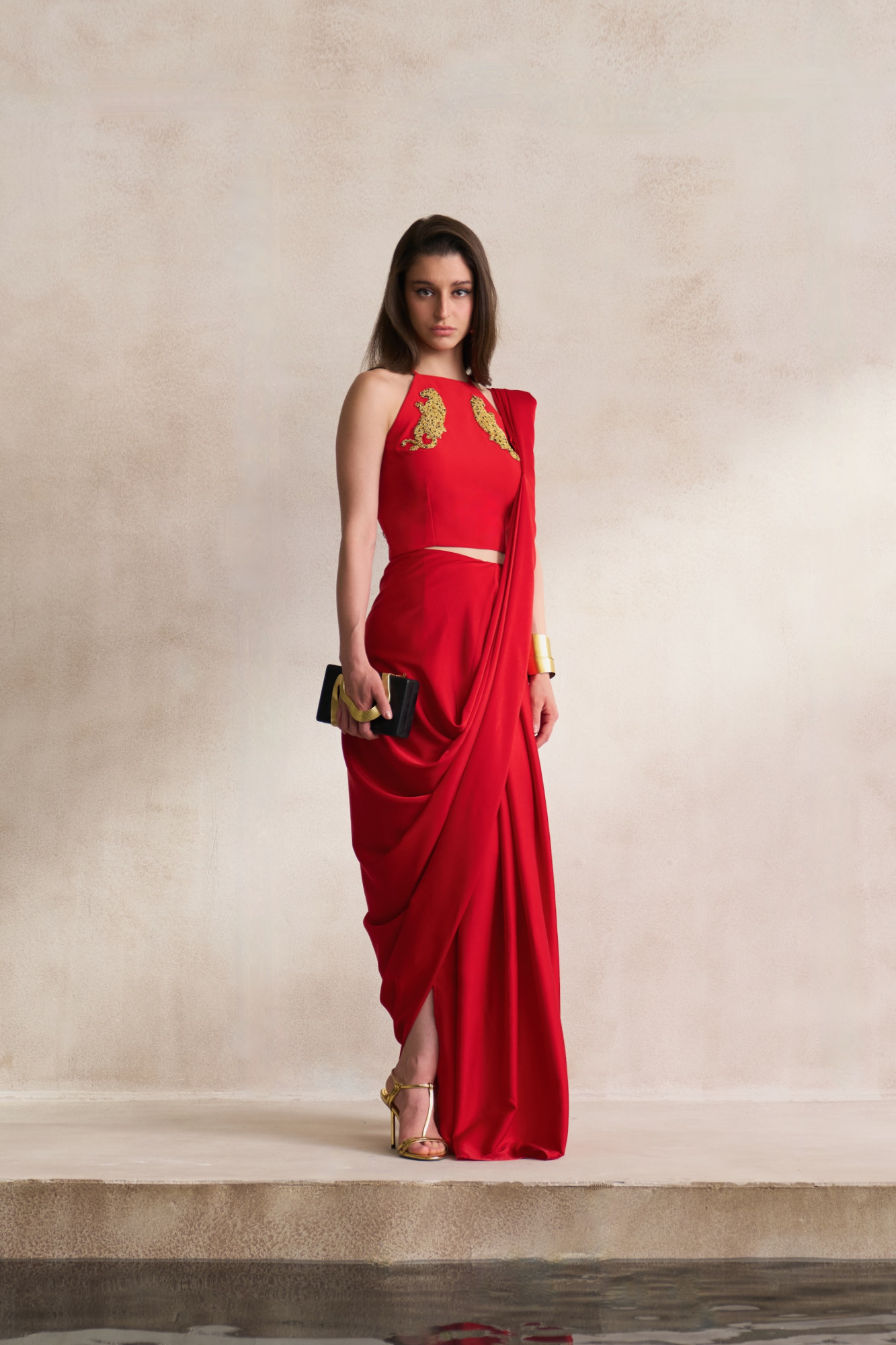LEILA 03 RED BLOUSE AND DRAPED ZIP SARI SET WITH GOLD DABKA LEOPARD EMBROIDERY
