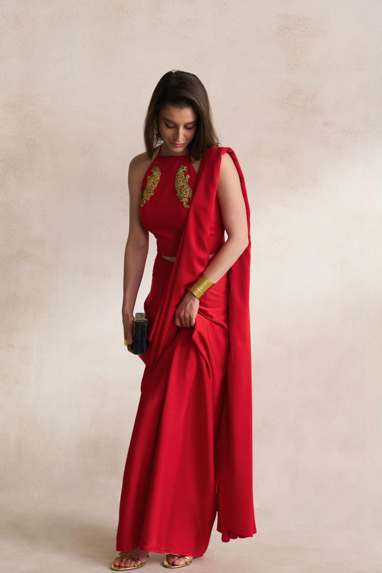 LEILA 03 RED BLOUSE AND DRAPED ZIP SARI SET WITH GOLD DABKA LEOPARD EMBROIDERY
