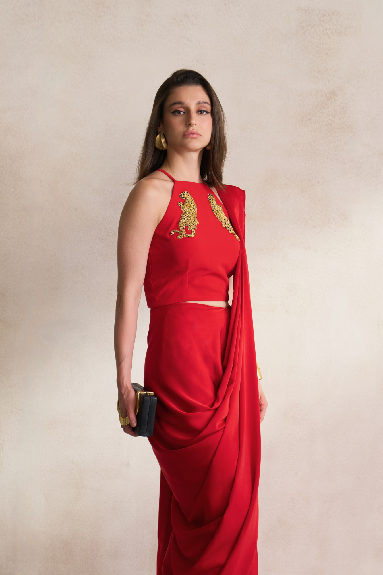 LEILA 03 RED BLOUSE AND DRAPED ZIP SARI SET WITH GOLD DABKA LEOPARD EMBROIDERY