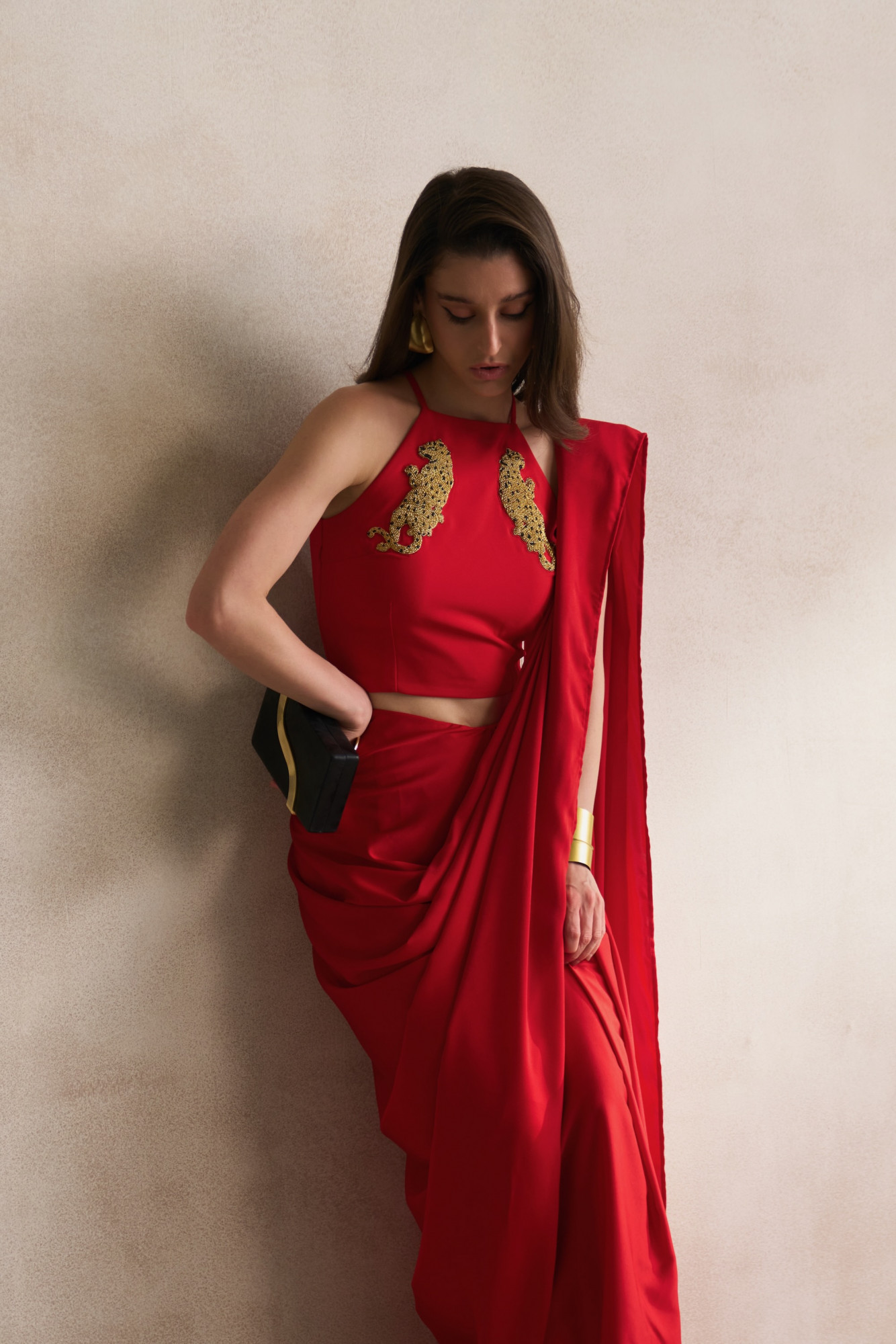 LEILA 03 RED BLOUSE AND DRAPED ZIP SARI SET WITH GOLD DABKA LEOPARD EMBROIDERY