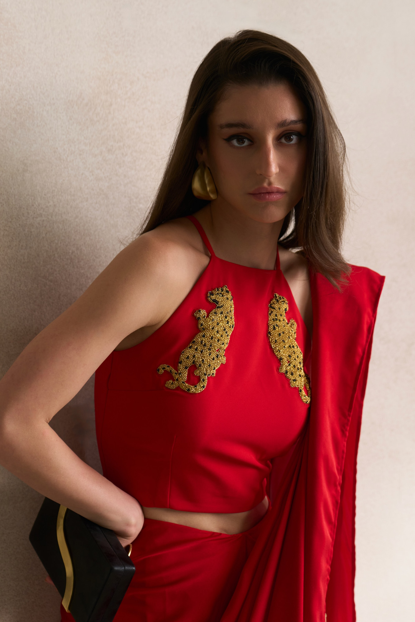 LEILA 03 RED BLOUSE AND DRAPED ZIP SARI SET WITH GOLD DABKA LEOPARD EMBROIDERY
