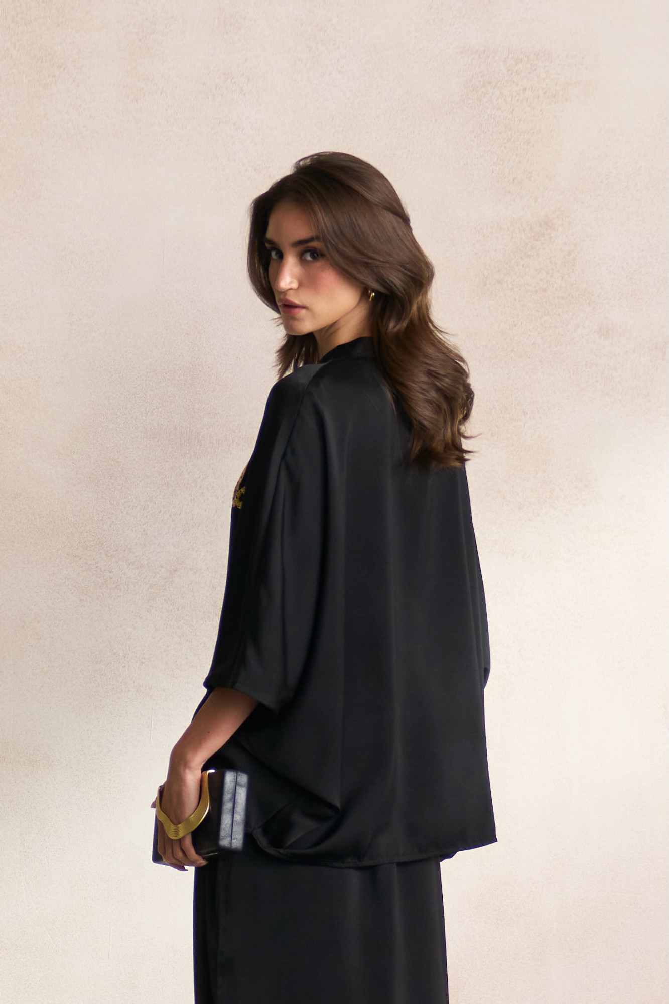 LEILA 03 BLACK SOFT SATIN TOP WITH GOLD DABKA LEOPARD EMBROIDERY