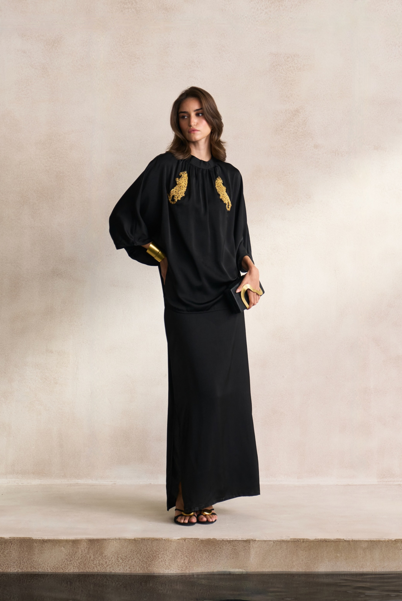 LEILA 03 BLACK SOFT SATIN TOP LONG SKIRT CO-ORD SET WITH GOLD DABKA LEOPARD EMBROIDERY