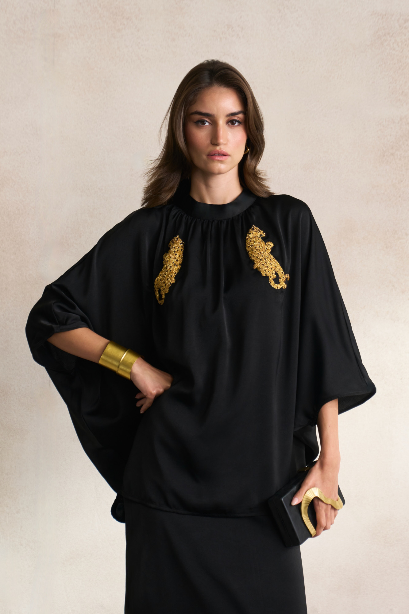 LEILA 03 BLACK SOFT SATIN TOP LONG SKIRT CO-ORD SET WITH GOLD DABKA LEOPARD EMBROIDERY