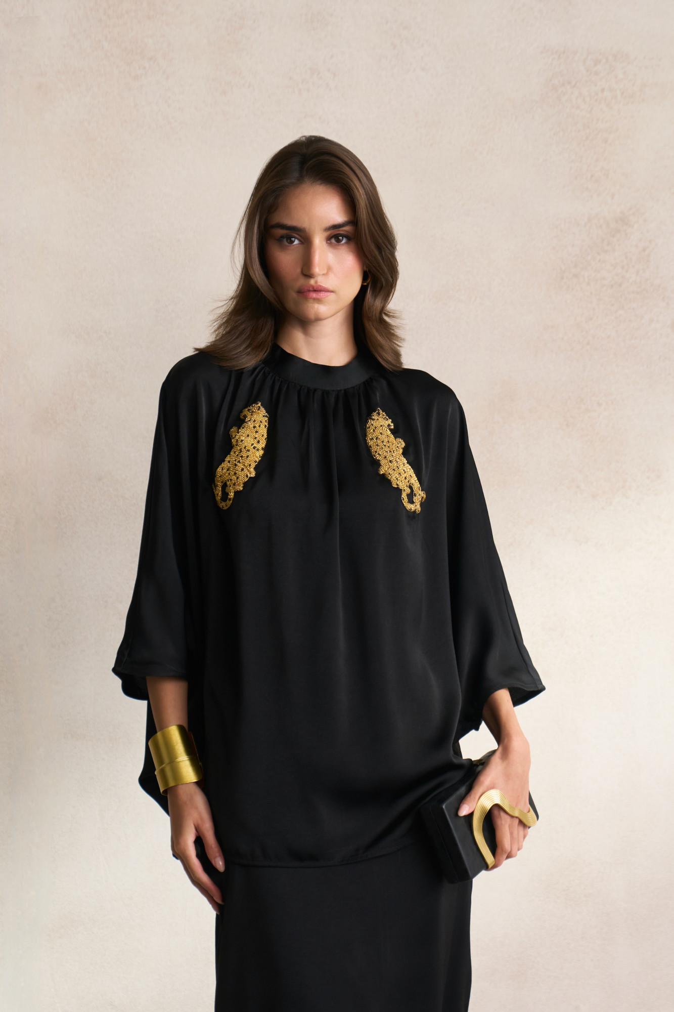 LEILA 03 BLACK SOFT SATIN TOP WITH GOLD DABKA LEOPARD EMBROIDERY