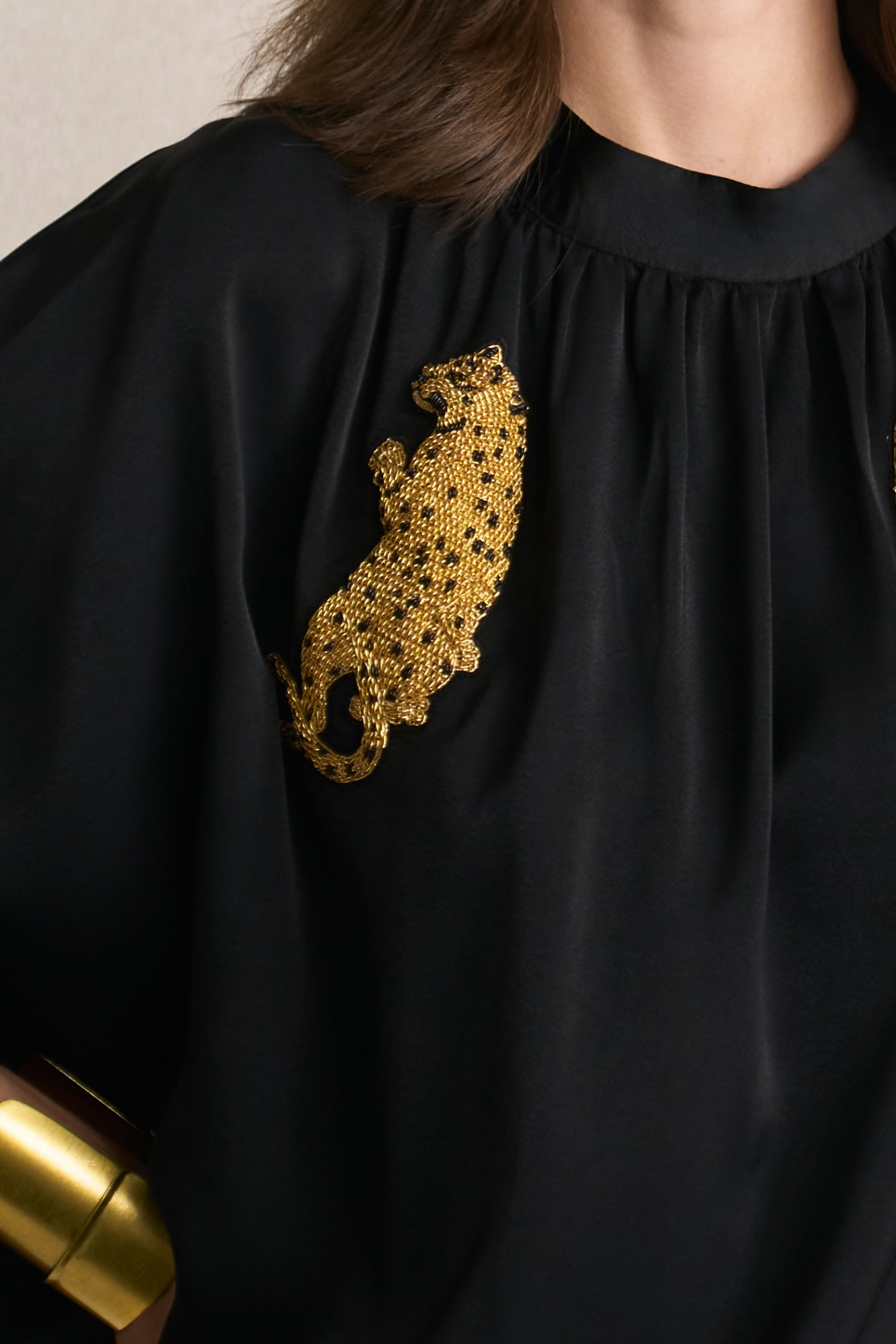 LEILA 03 BLACK SOFT SATIN TOP  LONG SKIRT CO-ORD SET WITH GOLD DABKA LEOPARD EMBROIDERY